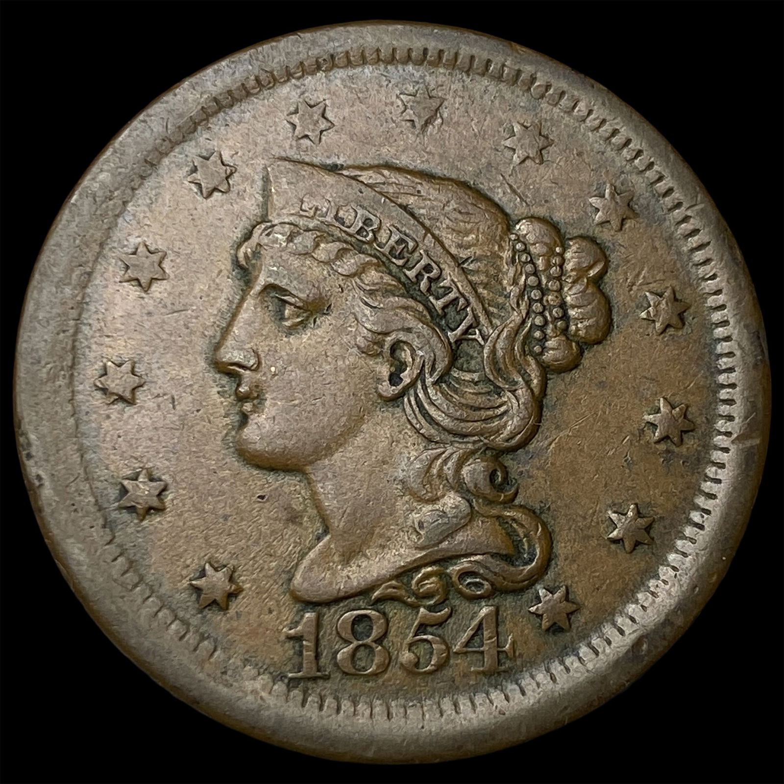 1854 Braided Hair Large Cent ABOUT UNCIRCULATED: 1854 Braided Hair Large Cent ABOUT UNCIRCULATED