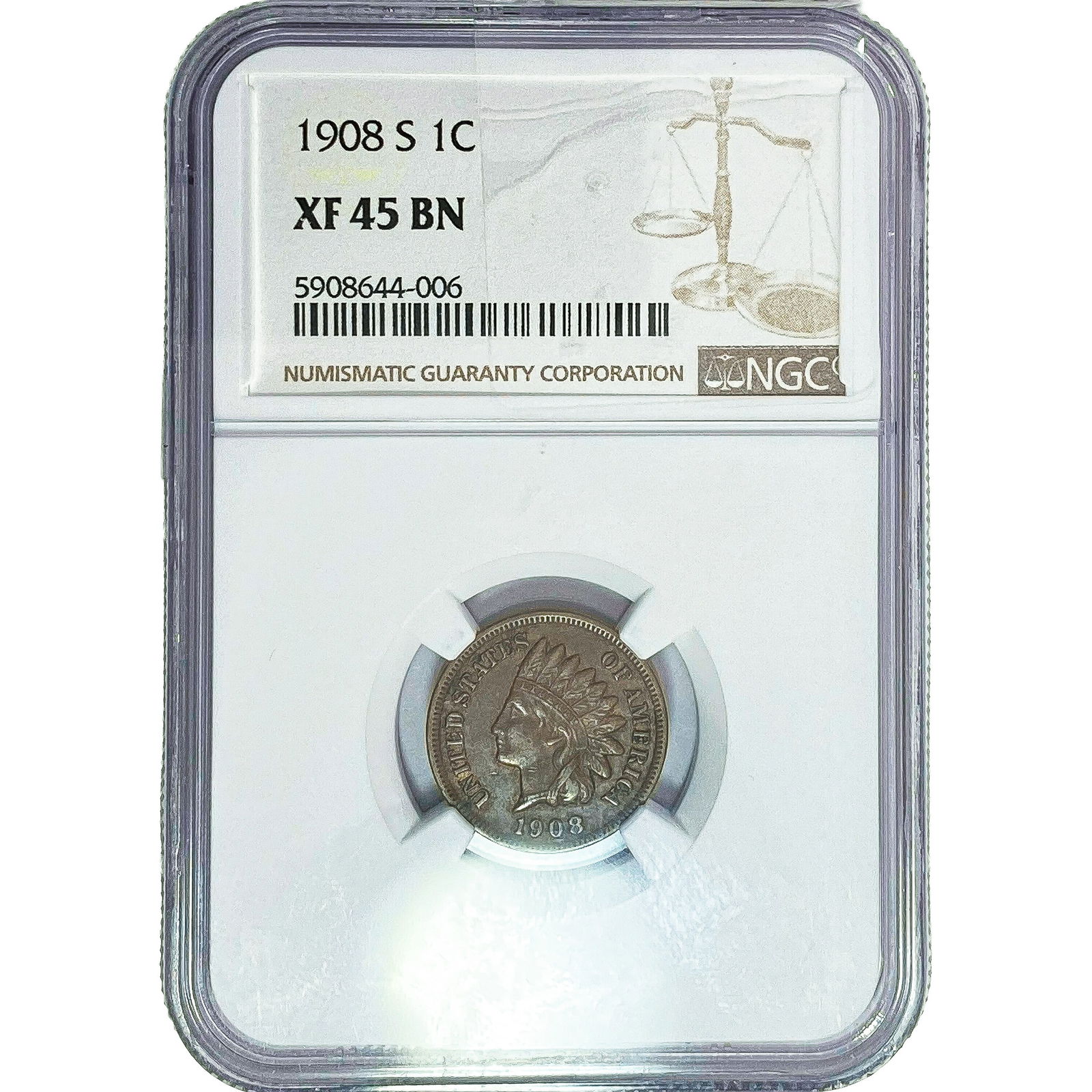 1908-S Indian Head Cent NGC XF45 BN: 1908-S Indian Head Cent NGC XF45 BN