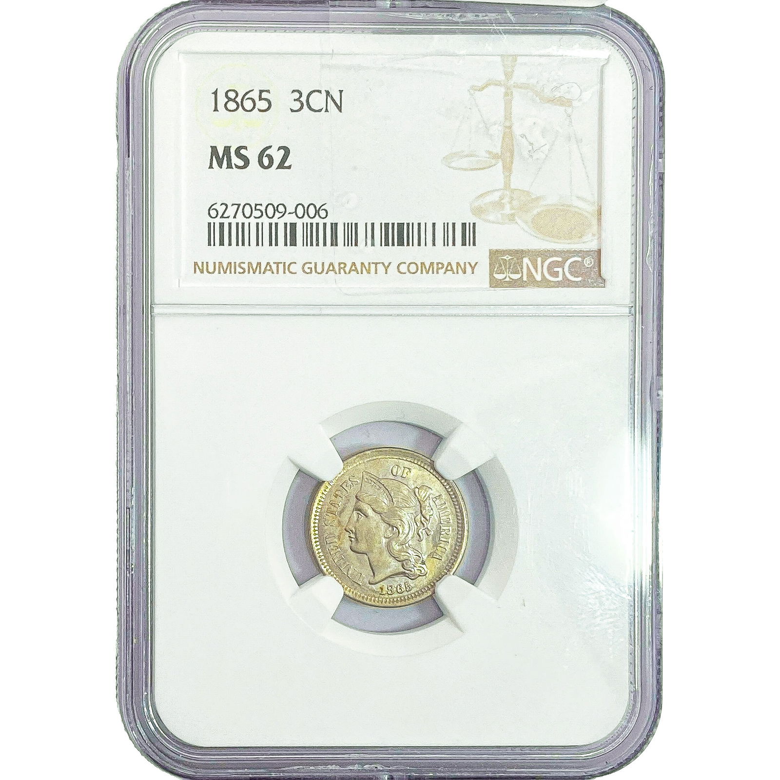 1865 Nickel Three Cent NGC MS62: 1865 Nickel Three Cent NGC MS62