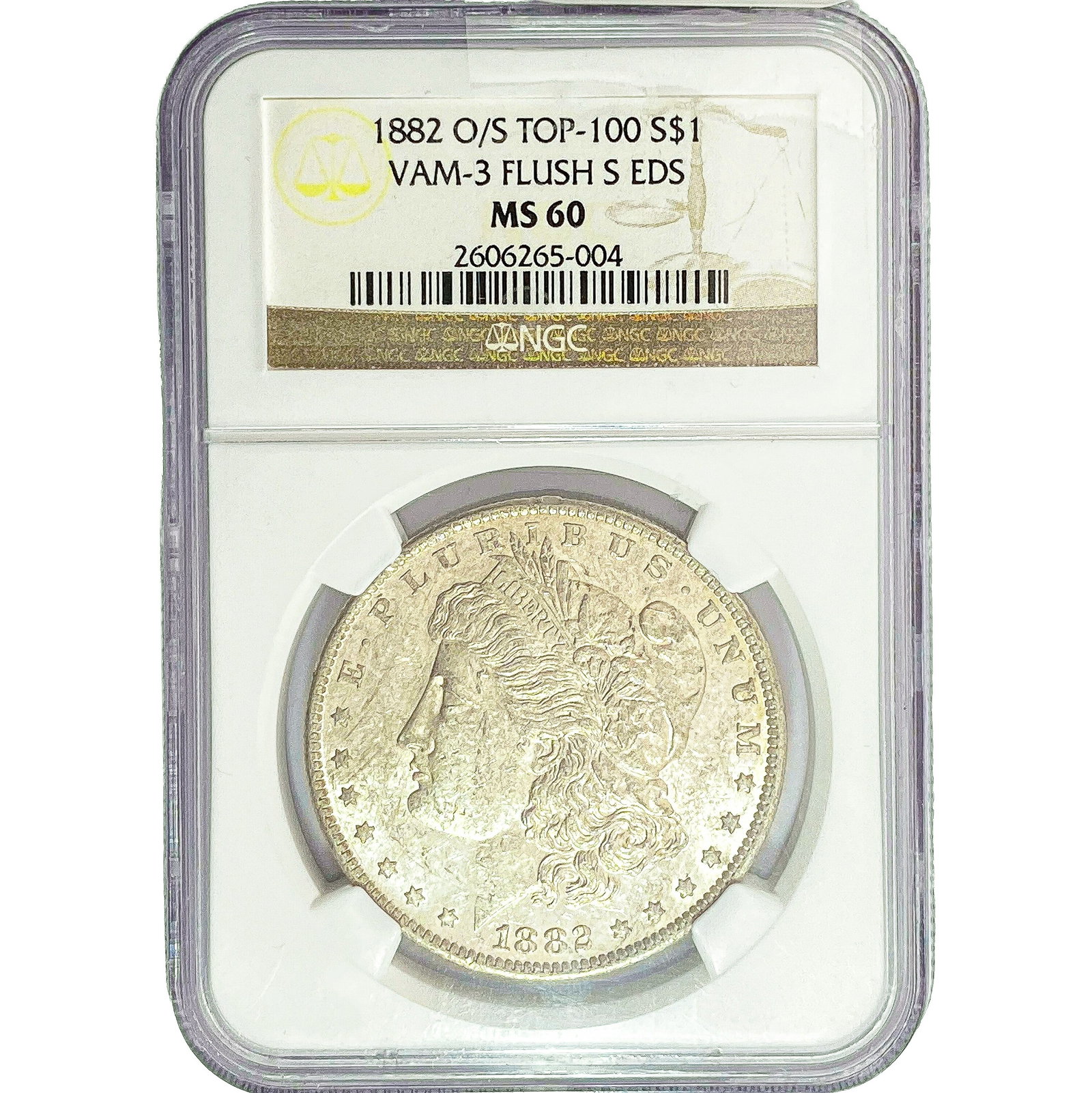 1882-O/S Morgan Silver Dollar NGC MS60 VAM-3: 1882-O/S Morgan Silver Dollar NGC MS60 VAM-3