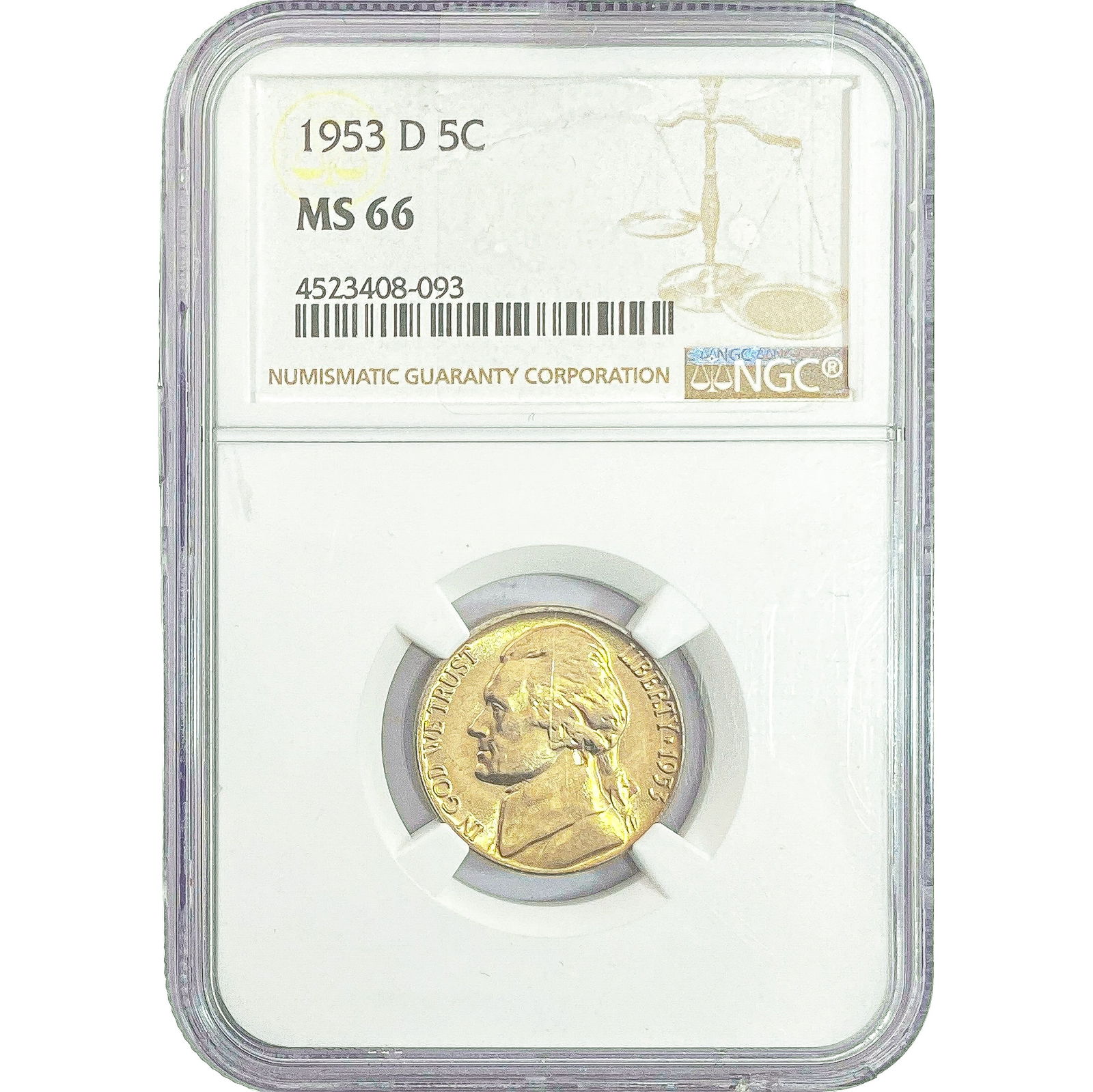 1953-D Jefferson Nickel NGC MS66: 1953-D Jefferson Nickel NGC MS66