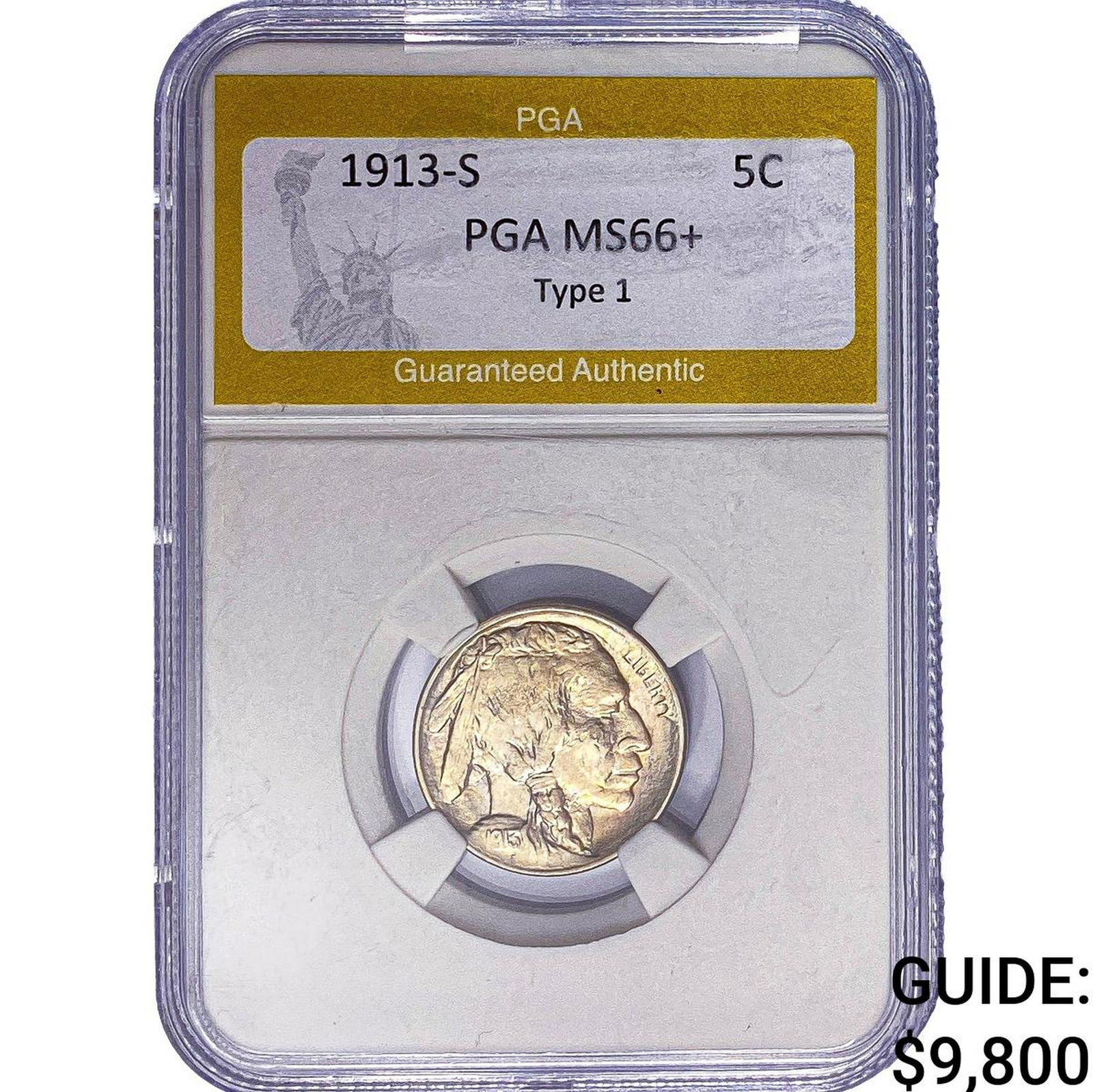 1913-S Buffalo Nickel PGA MS66+ Type 1: 1913-S Buffalo Nickel PGA MS66+ Type 1