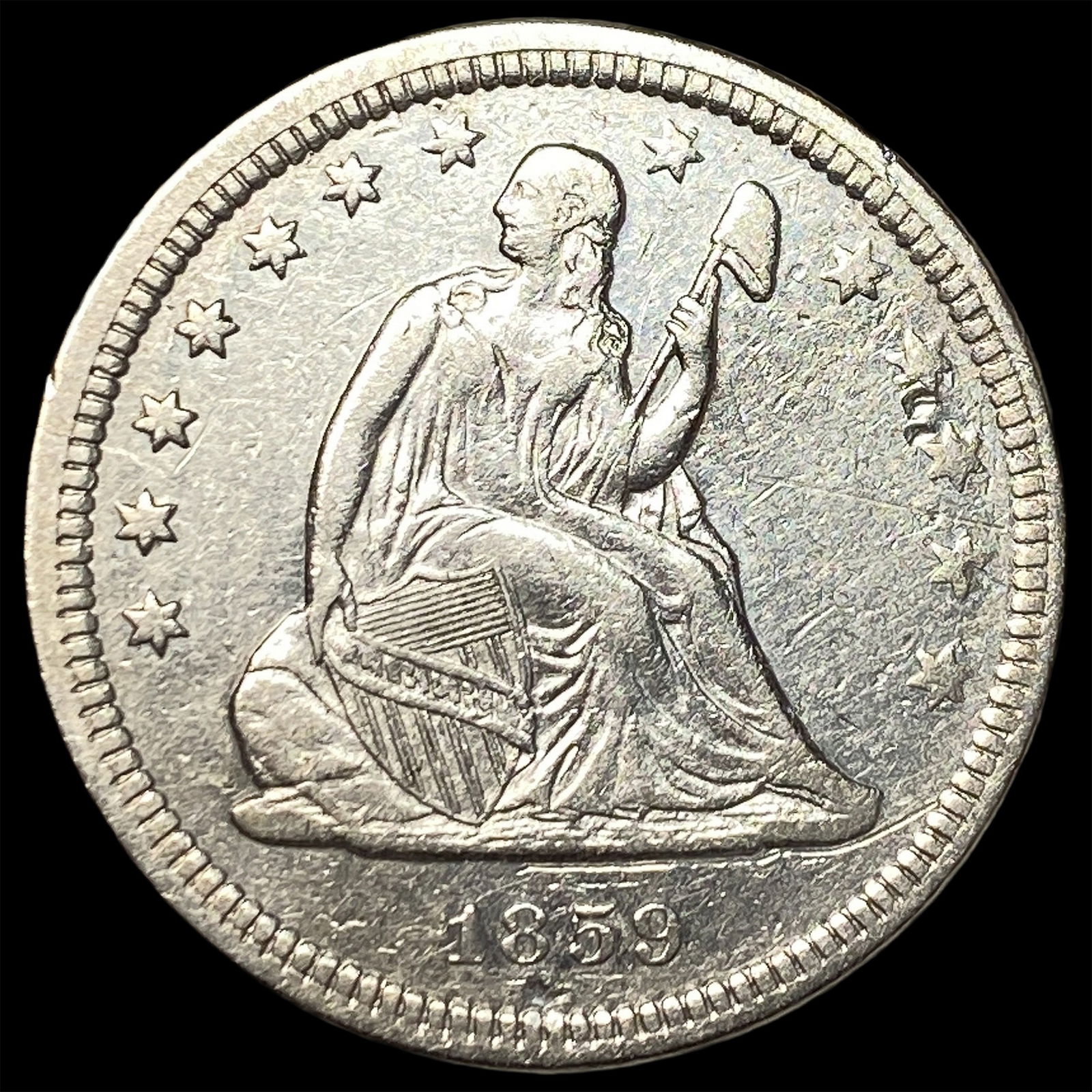 1859 Seated Liberty Silver Quarter NEARLY UNCIRCULATED: 1859 Seated Liberty Silver Quarter NEARLY UNCIRCULATED