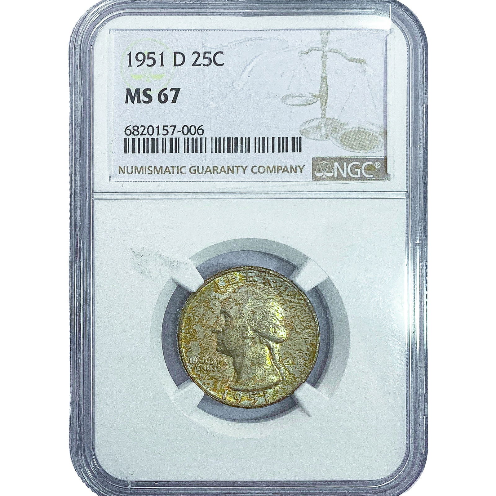 1951-D Washington Silver Quarter NGC MS67: 1951-D Washington Silver Quarter NGC MS67