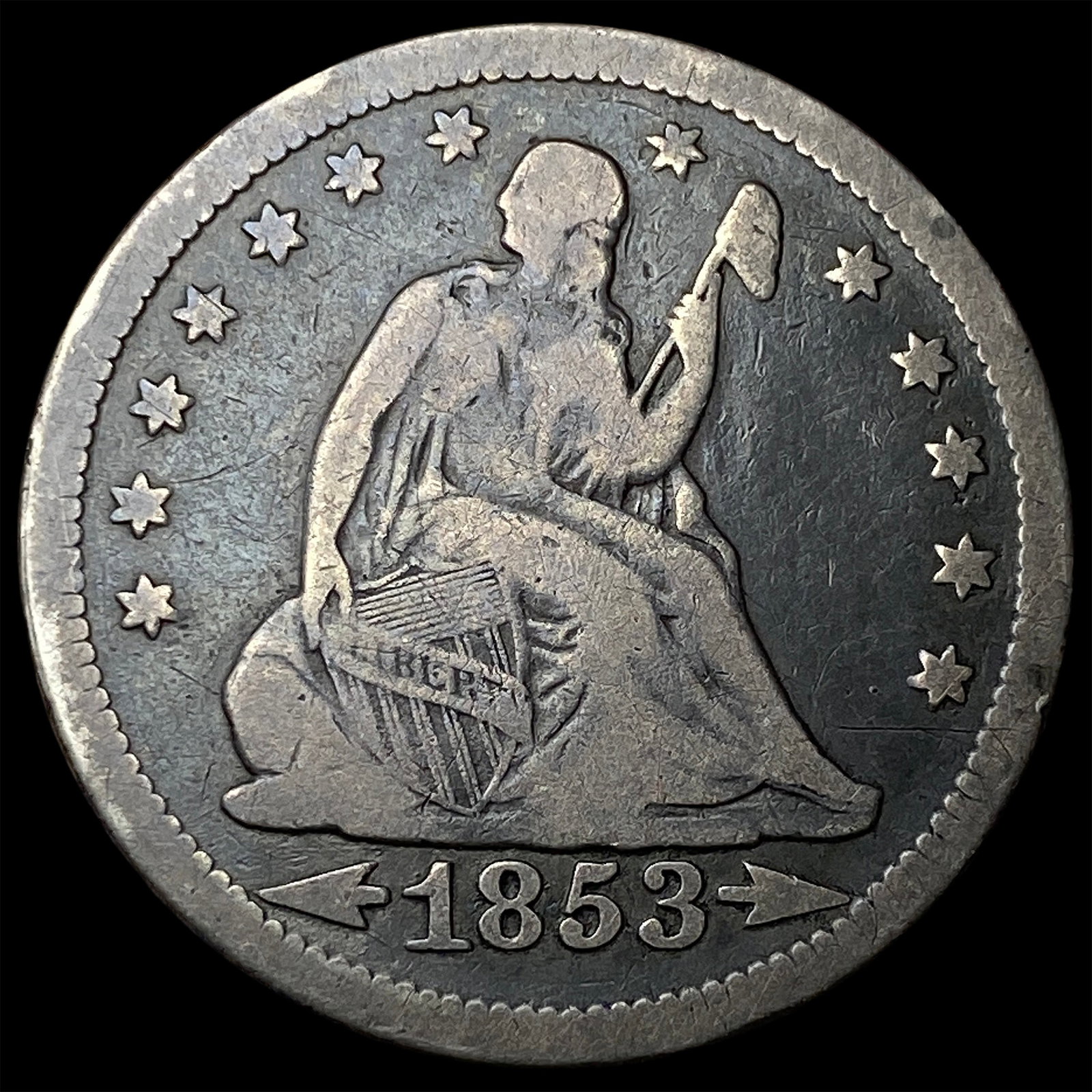 1853 Arrows/Rays Seated Liberty Quarter LIGHTLY CIRCULATED (1 of 2)