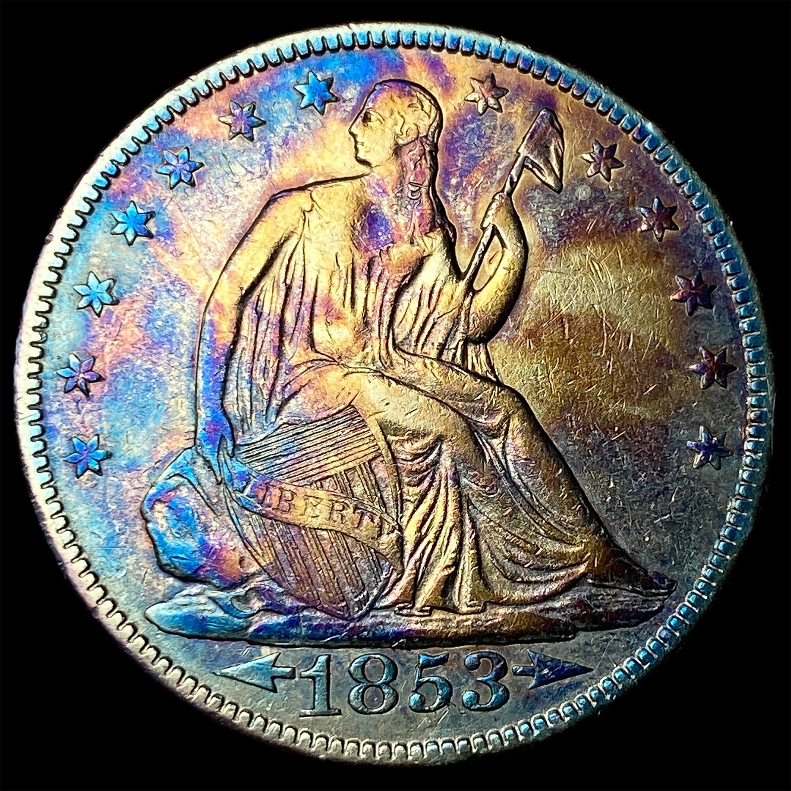 1853 Arrows/Rays Seated Liberty Half Dollar CLOSELY UNCIRCULATED: 1853 Arrows/Rays Seated Liberty Half Dollar CLOSELY UNCIRCULATED