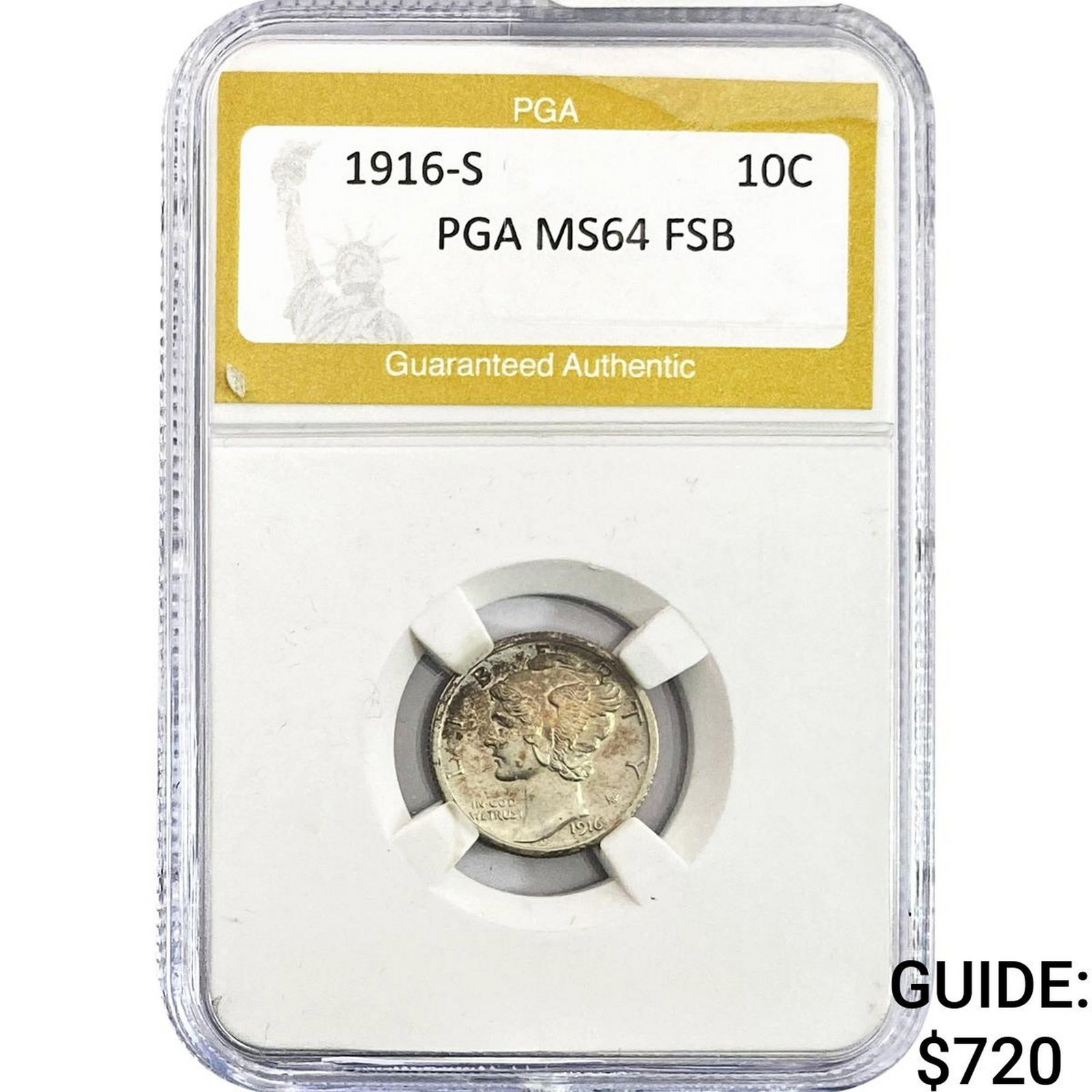1916-S Mercury Silver Dime PGA MS64 FSB: 1916-S Mercury Silver Dime PGA MS64 FSB