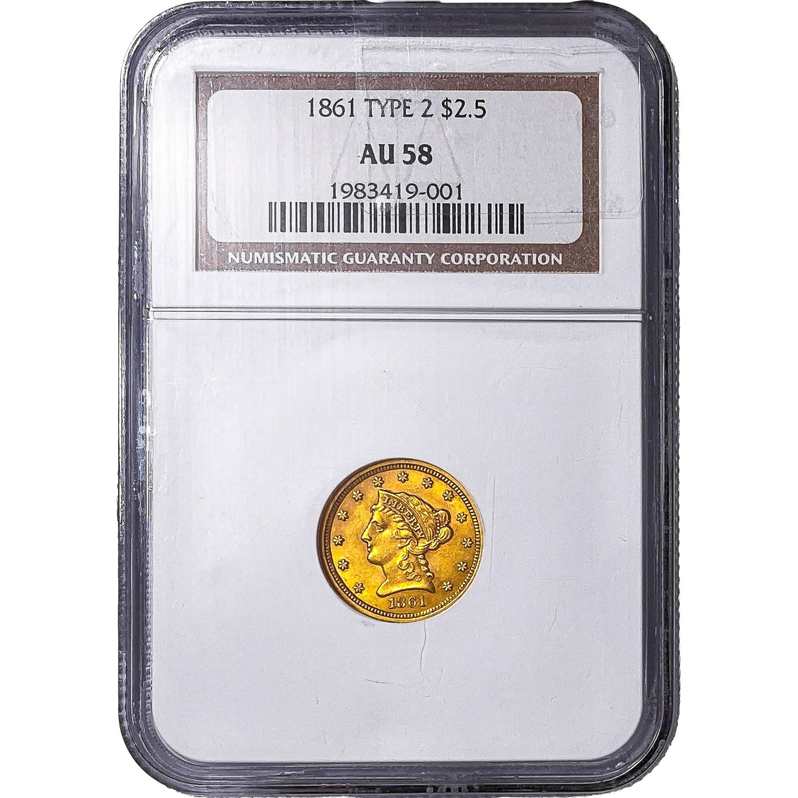 1861 $2.50 Gold Quarter Eagle NGC AU58 Type 2 (1 of 2)