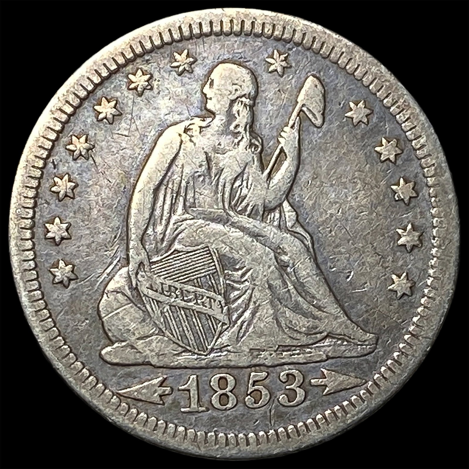 1853 Arrows/Rays Seated Liberty Quarter ABOUT UNCIRCULATED (1 of 2)