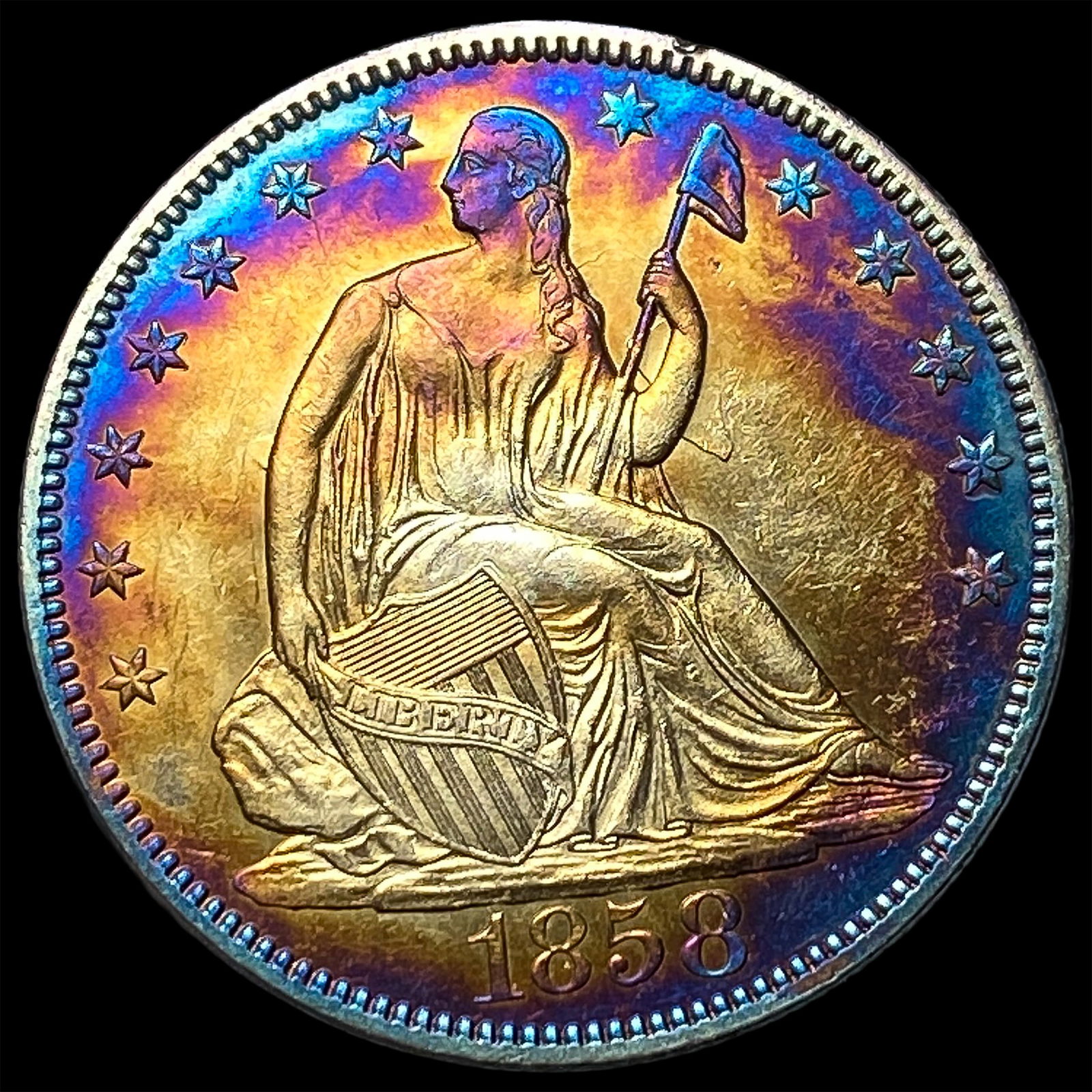 1858 Toned Seated Liberty Half Dollar CLOSELY UNCIRCULATED: 1858 Toned Seated Liberty Half Dollar CLOSELY UNCIRCULATED