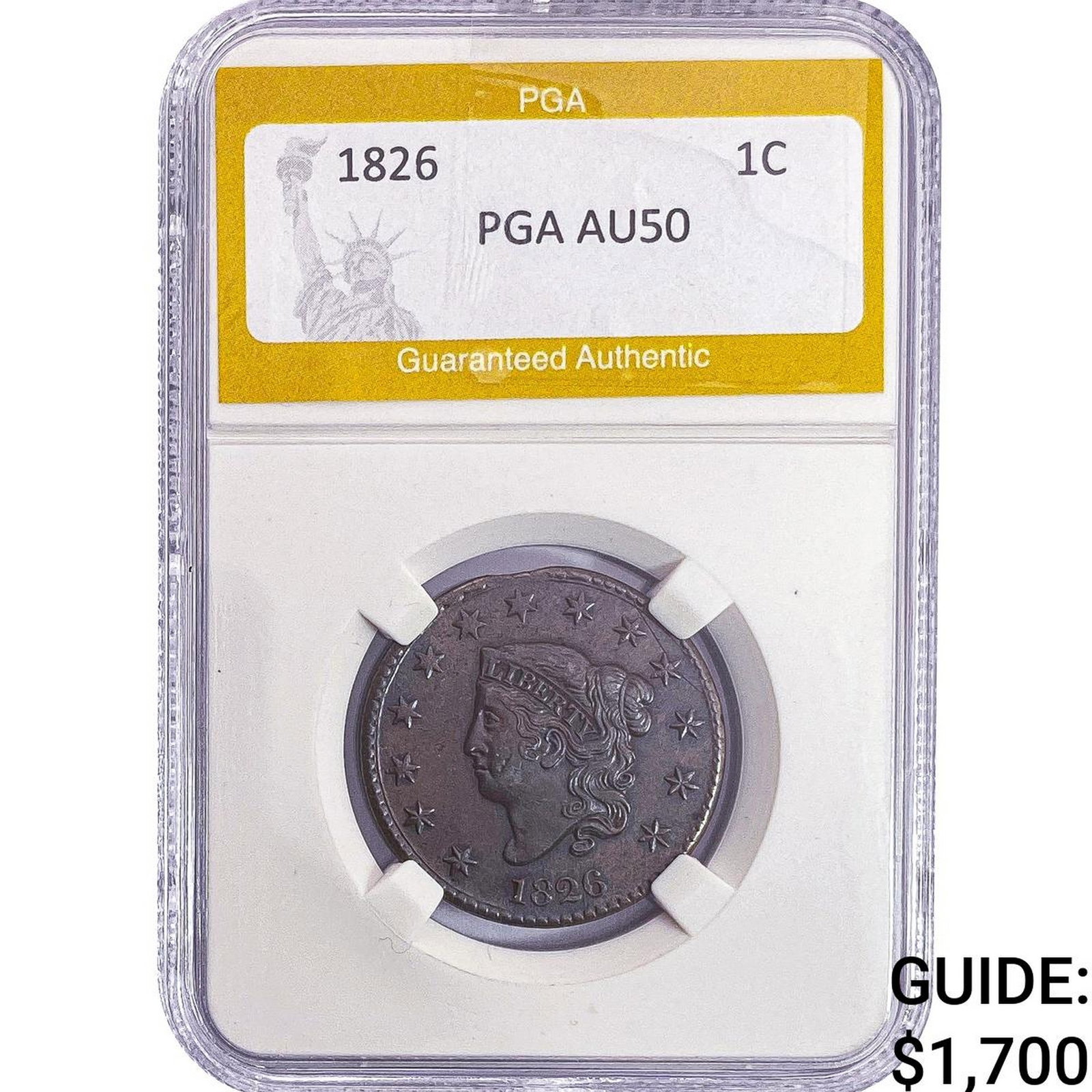 1826 Coronet Head Large Cent PGA AU50: 1826 Coronet Head Large Cent PGA AU50
