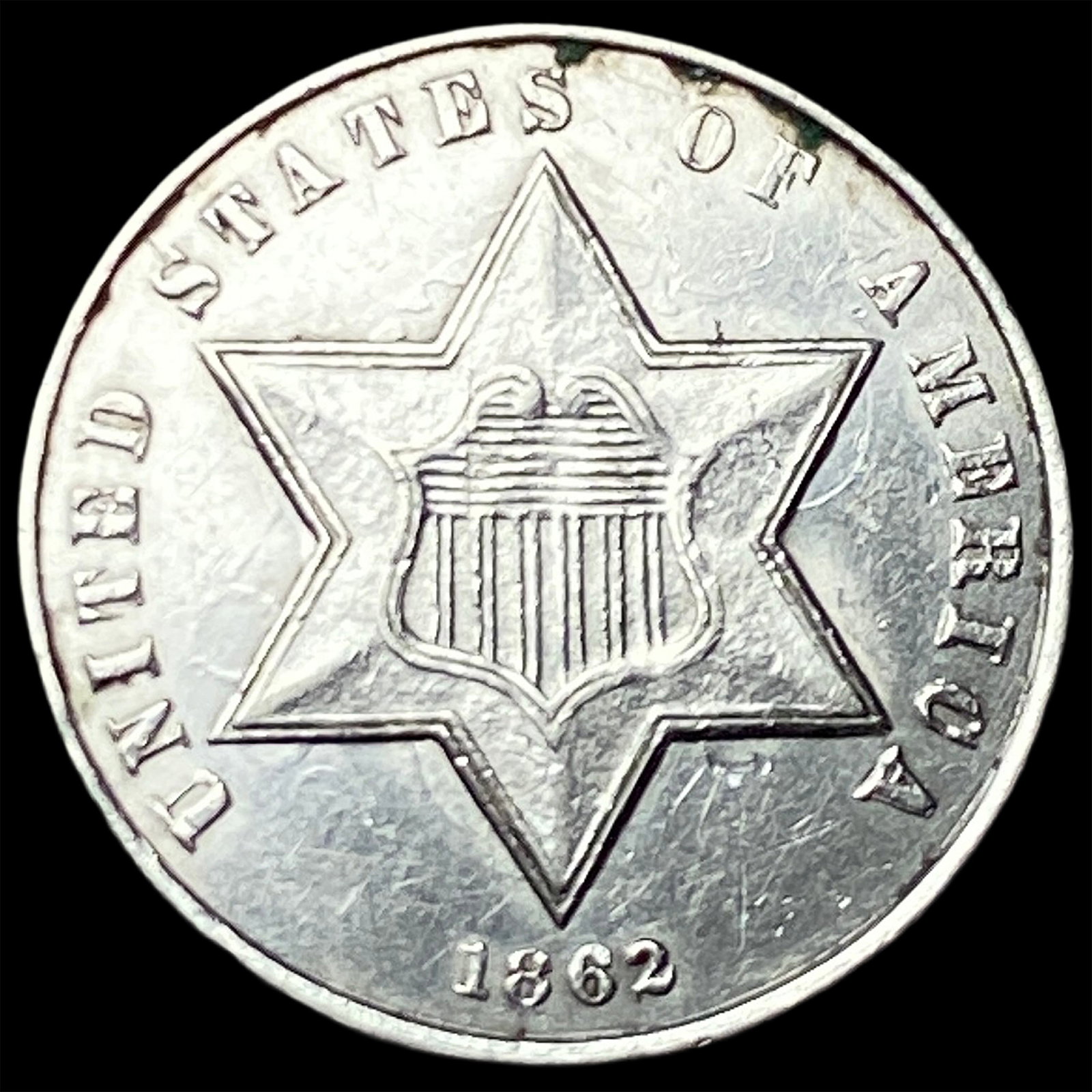1862 Silver Three-Cent Piece CLOSELY UNCIRCULATED: 1862 Silver Three-Cent Piece CLOSELY UNCIRCULATED