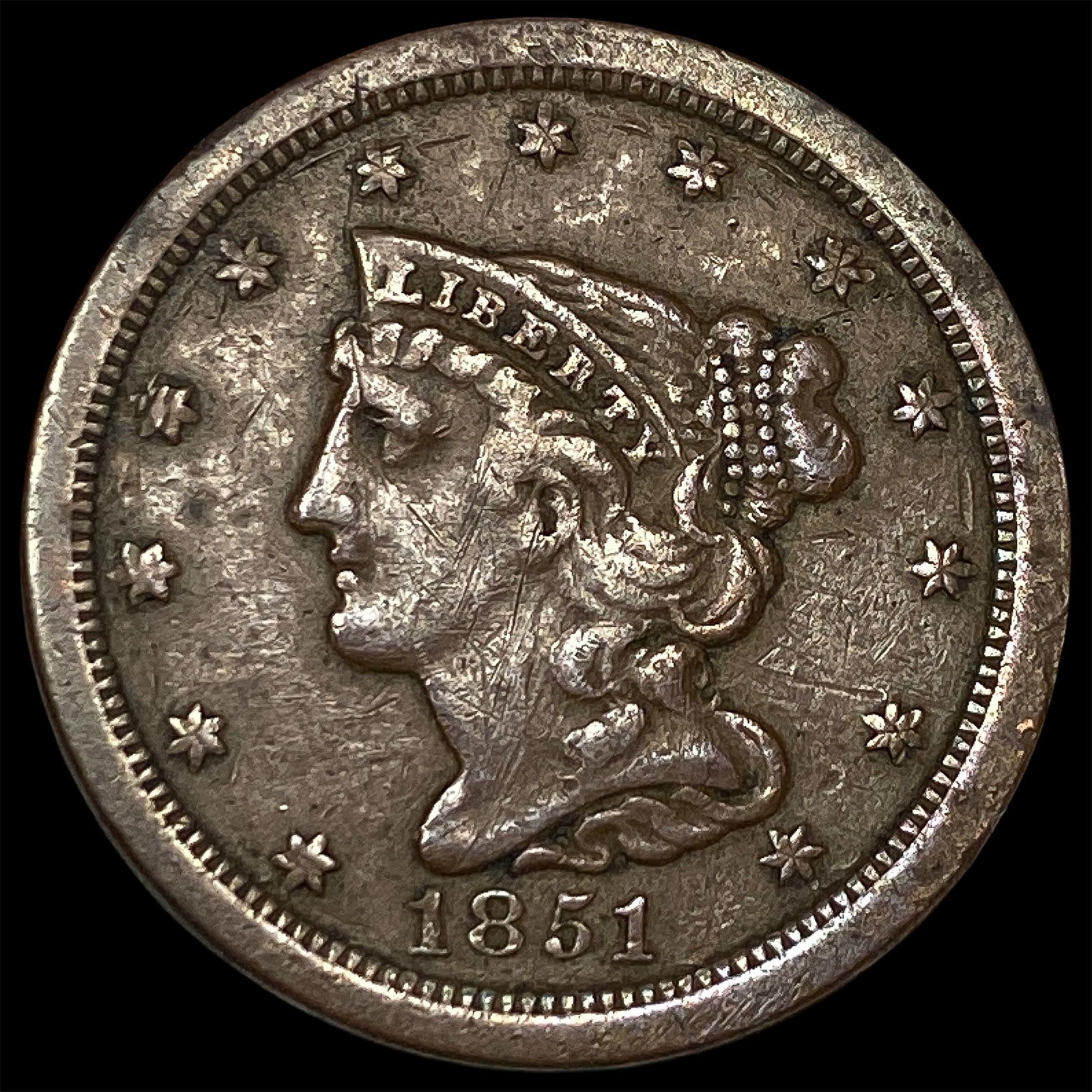 1851 Braided Hair Half Cent ABOUT UNCIRCULATED: 1851 Braided Hair Half Cent ABOUT UNCIRCULATED