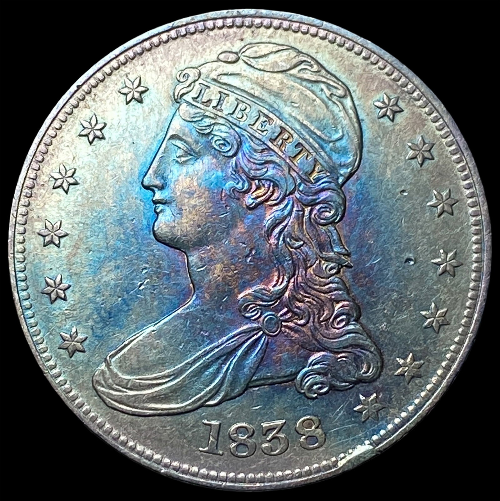 1838 TONED Silver Half Dollar (Capped Bust) CLOSELY UNCIRCULATED: 1838 TONED Silver Half Dollar (Capped Bust) CLOSELY UNCIRCULATED