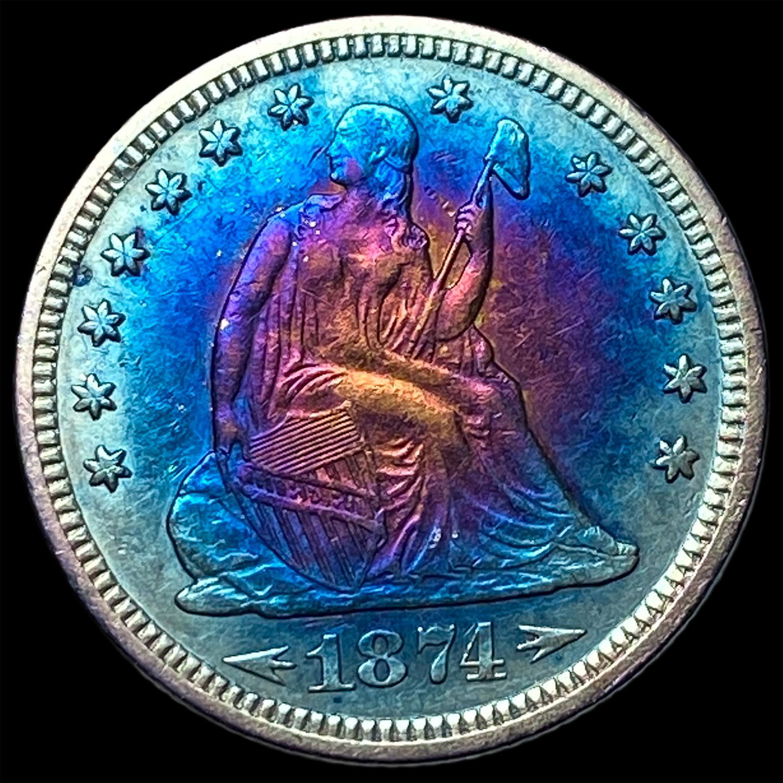 1874 TONED Arrows Seated Liberty Quarter CLOSELY UNCIRCULATED: 1874 TONED Arrows Seated Liberty Quarter CLOSELY UNCIRCULATED