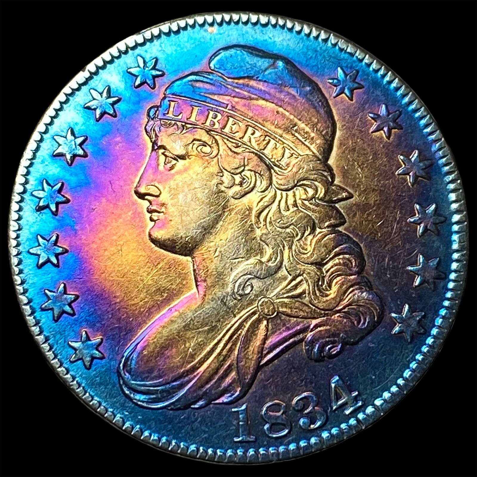 1834 TONED Capped Bust Half Dollar CLOSELY UNCIRCULATED: 1834 TONED Capped Bust Half Dollar CLOSELY UNCIRCULATED