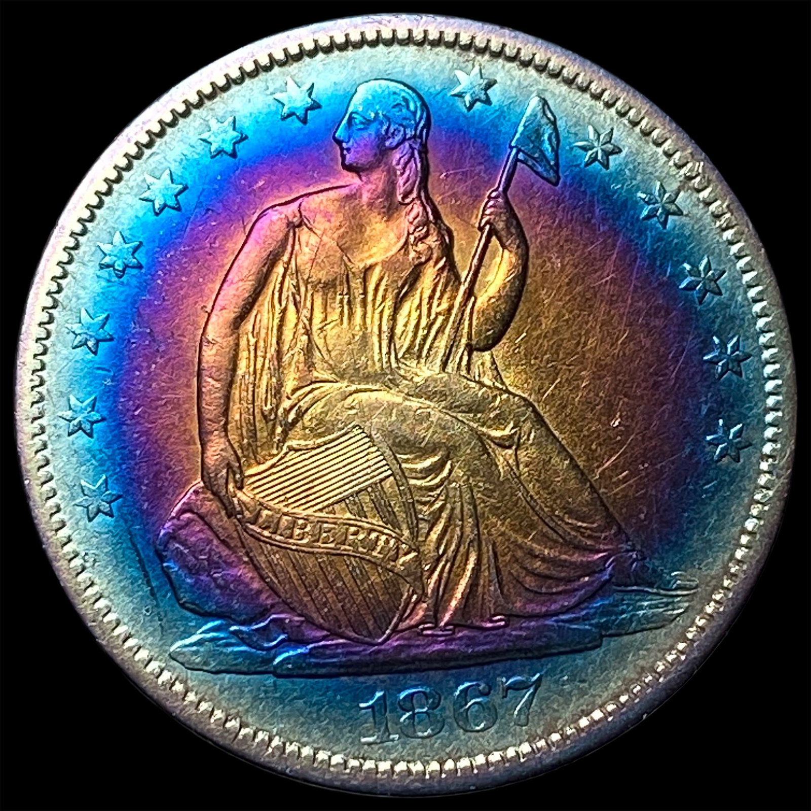 1867 TONED Seated Liberty Half Dollar CLOSELY UNCIRCULATED: 1867 TONED Seated Liberty Half Dollar CLOSELY UNCIRCULATED