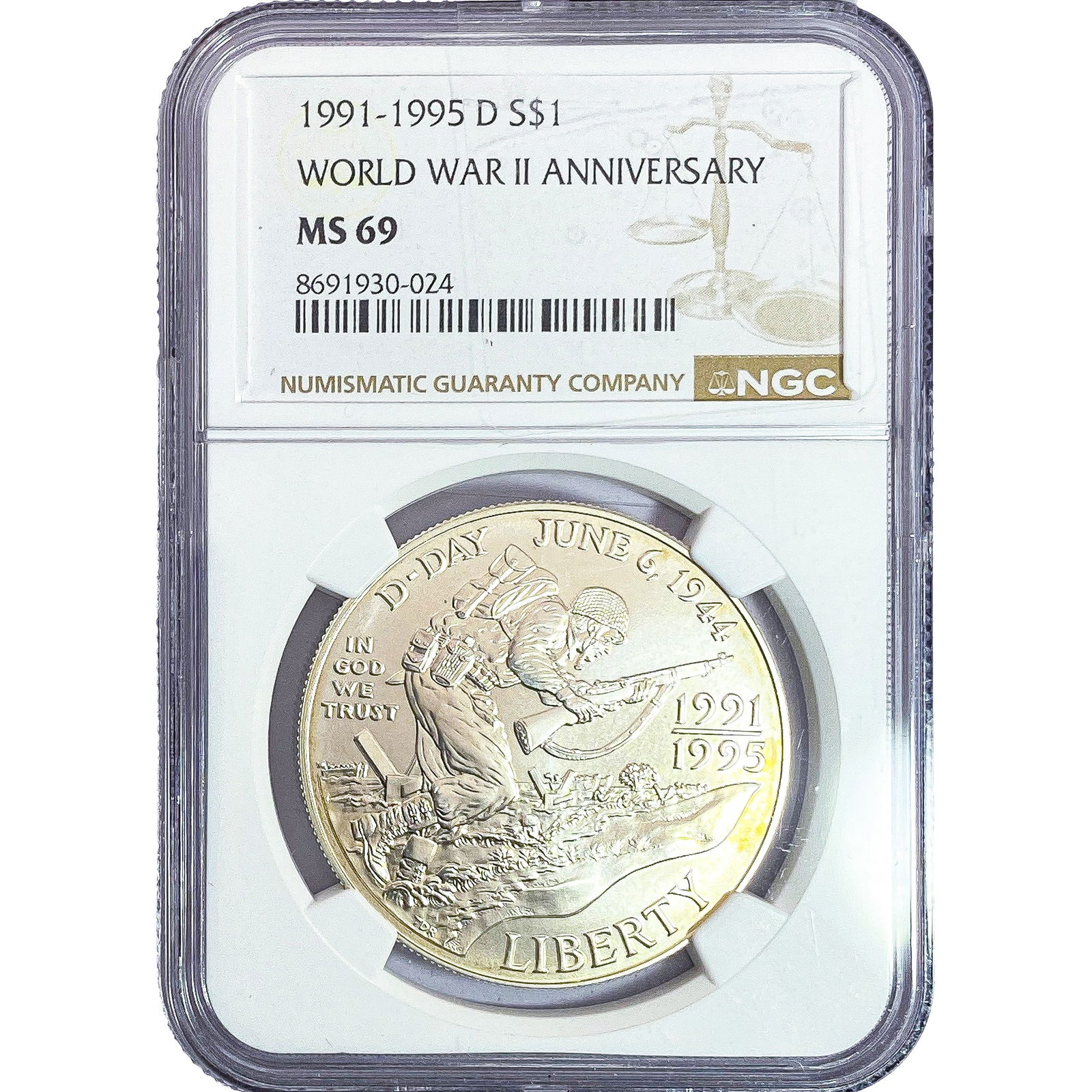 1991-1995-D $1 Sliver World War II Anniv. NGC MS69: 1991-1995-D $1 Sliver World War II Anniv. NGC MS69