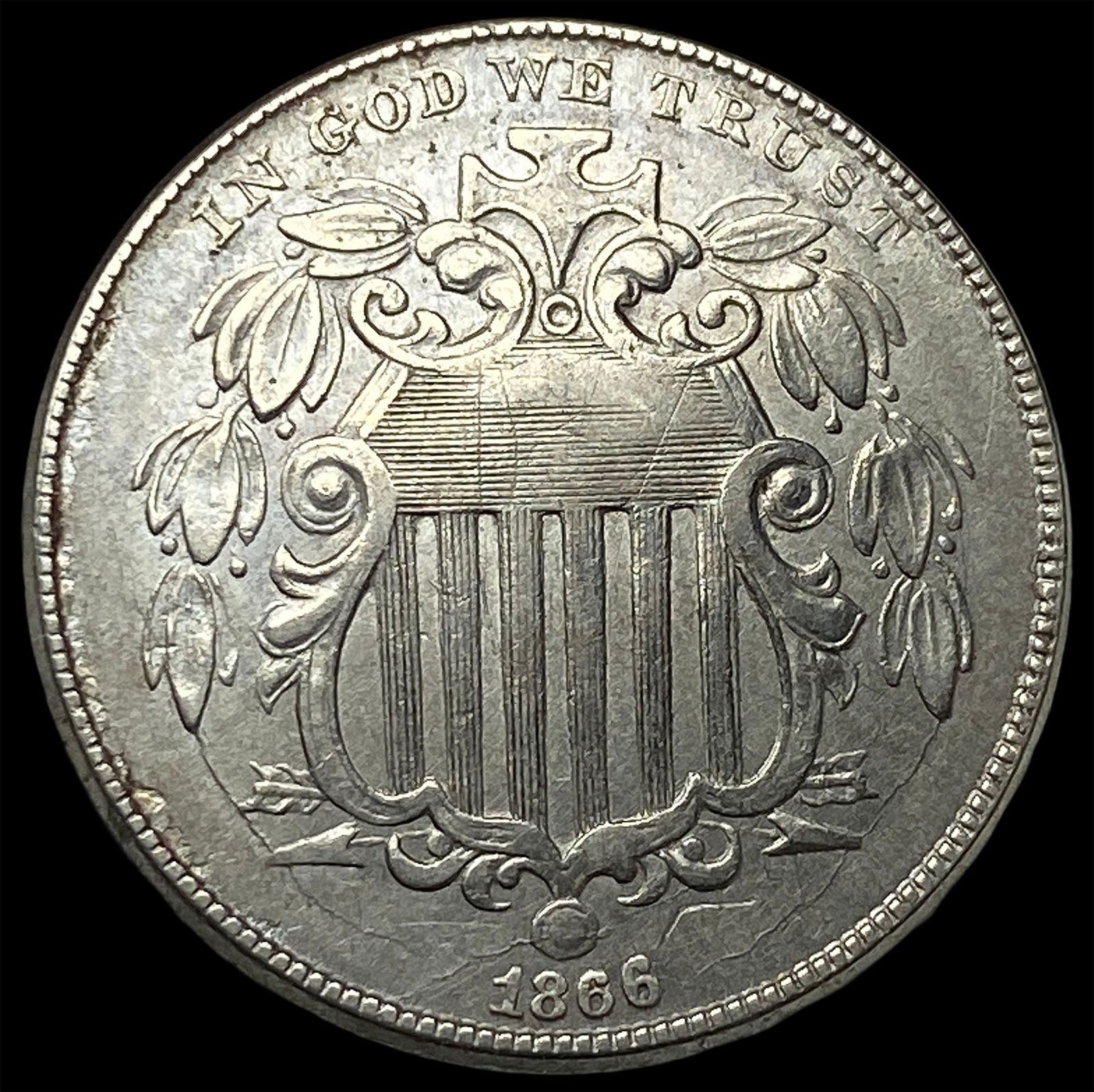 1866 Shield Nickel CLOSELY UNCIRCULATED: 1866 Shield Nickel CLOSELY UNCIRCULATED