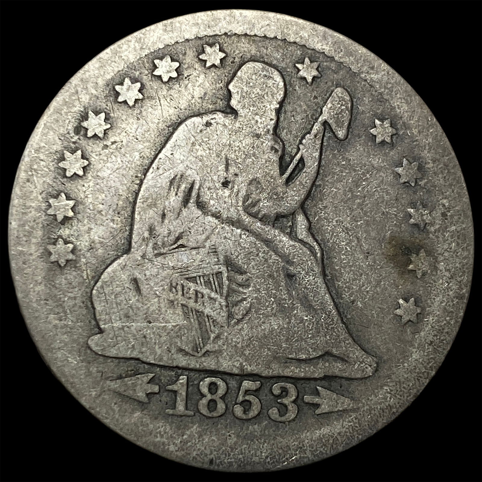 1853 Arrows/Rays Silver Seated Liberty Quarter NICELY CIRCULATED: 1853 Arrows/Rays Silver Seated Liberty Quarter NICELY CIRCULATED