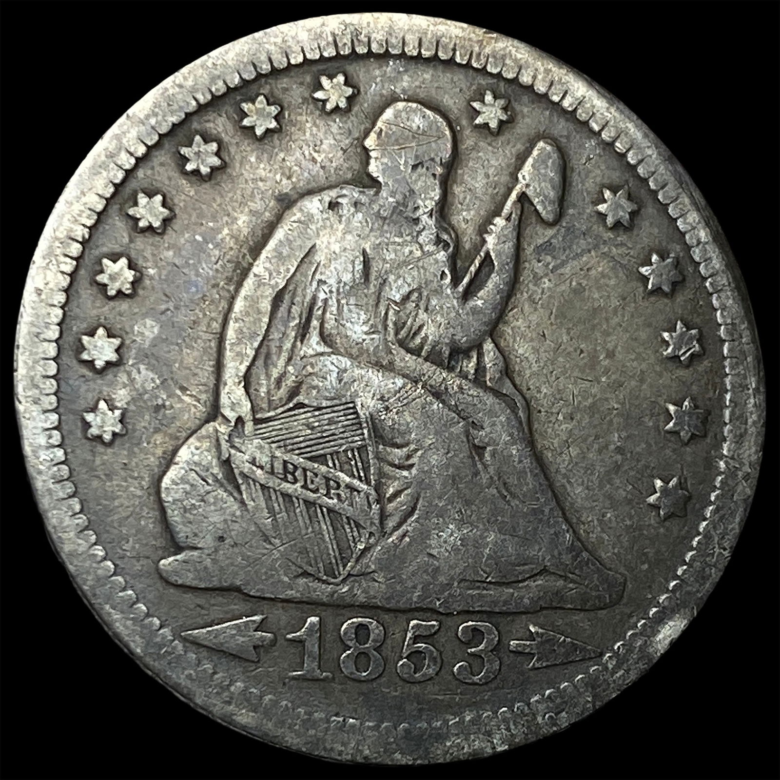 1853 Arrows/Rays Seated Liberty Quarter LIGHTLY CIRCULATED: 1853 Arrows/Rays Seated Liberty Quarter LIGHTLY CIRCULATED