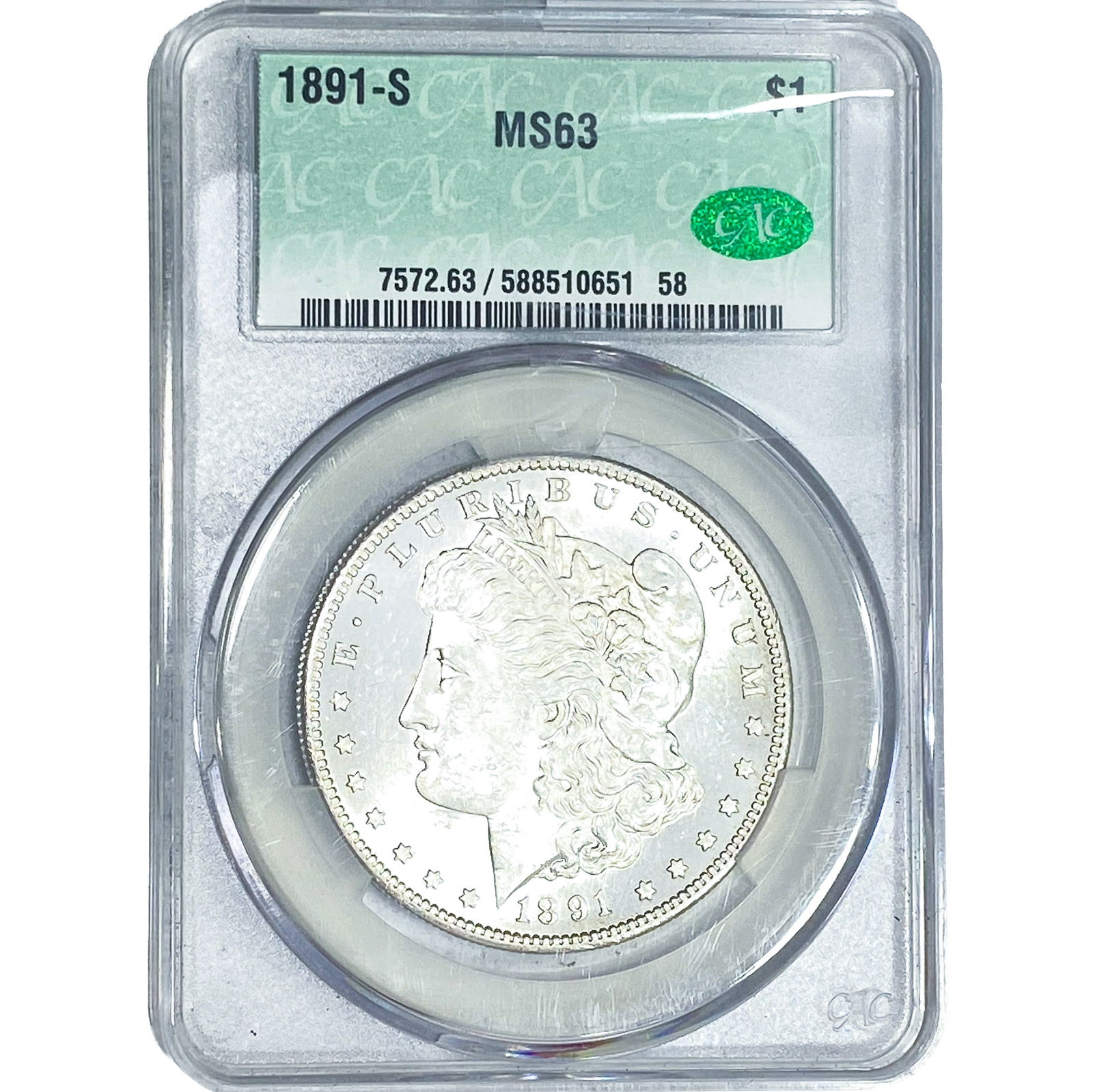 1891-S Morgan Silver Dollar CAC MS63: 1891-S Morgan Silver Dollar CAC MS63