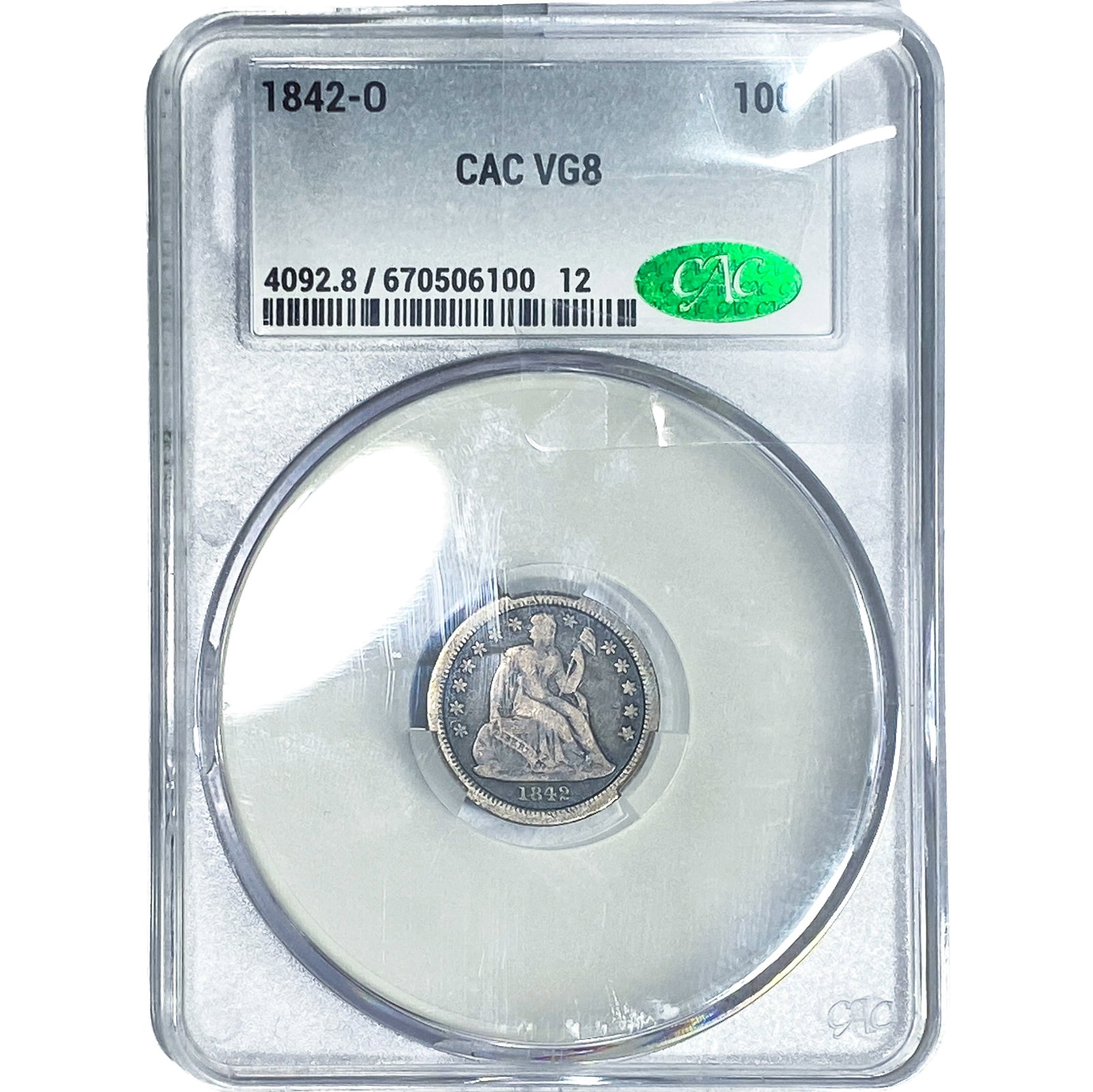 1842-O Seated Liberty Dime CAC VG8: 1842-O Seated Liberty Dime CAC VG8