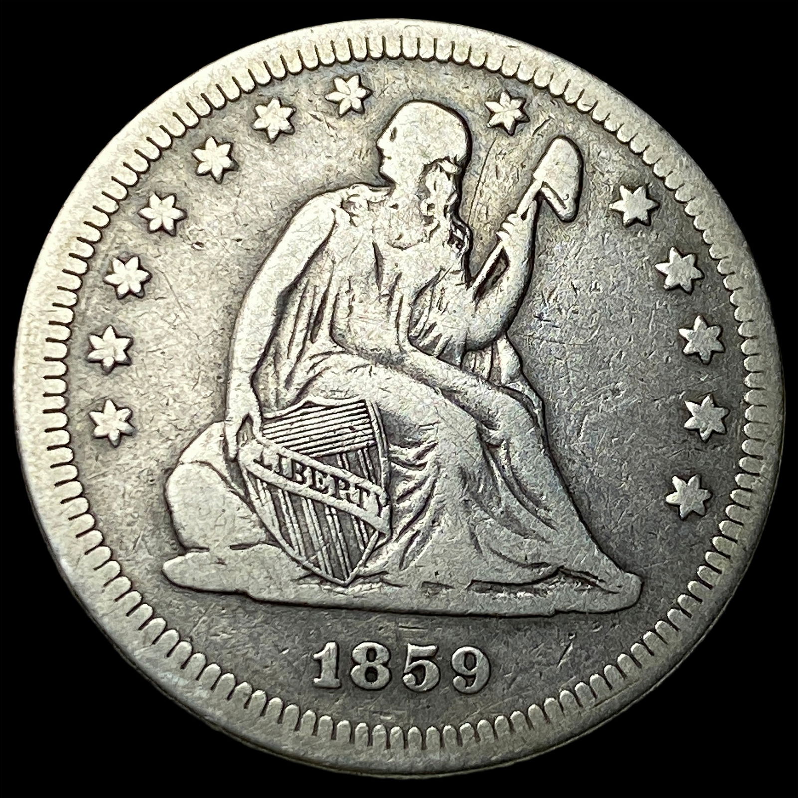 1859 Silver Seated Liberty Quarter ABOUT UNCIRCULATED: 1859 Silver Seated Liberty Quarter ABOUT UNCIRCULATED