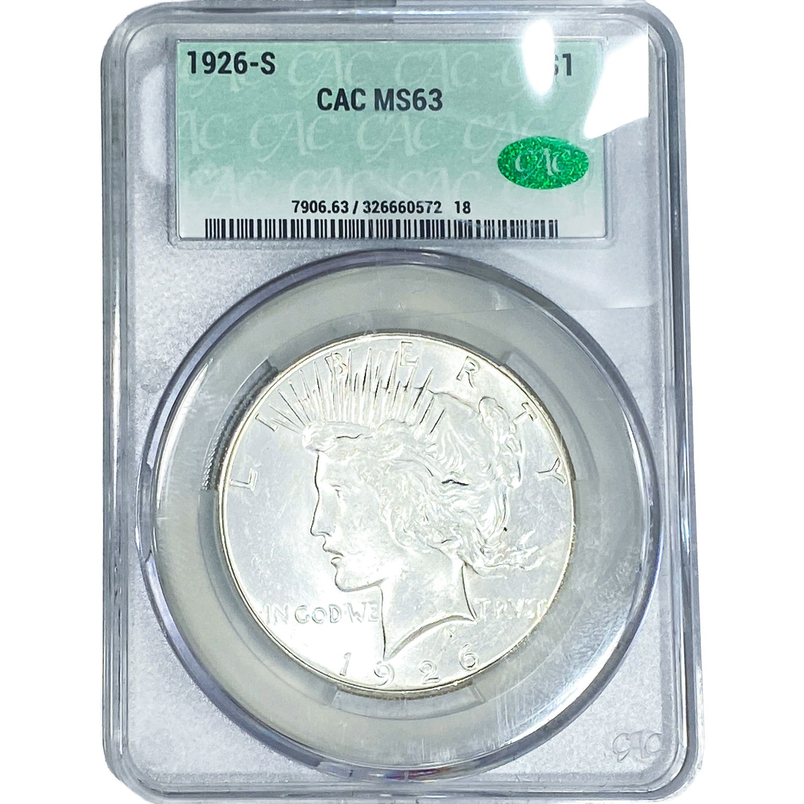 1926-S Silver Peace Dollar CAC MS63: 1926-S Silver Peace Dollar CAC MS63