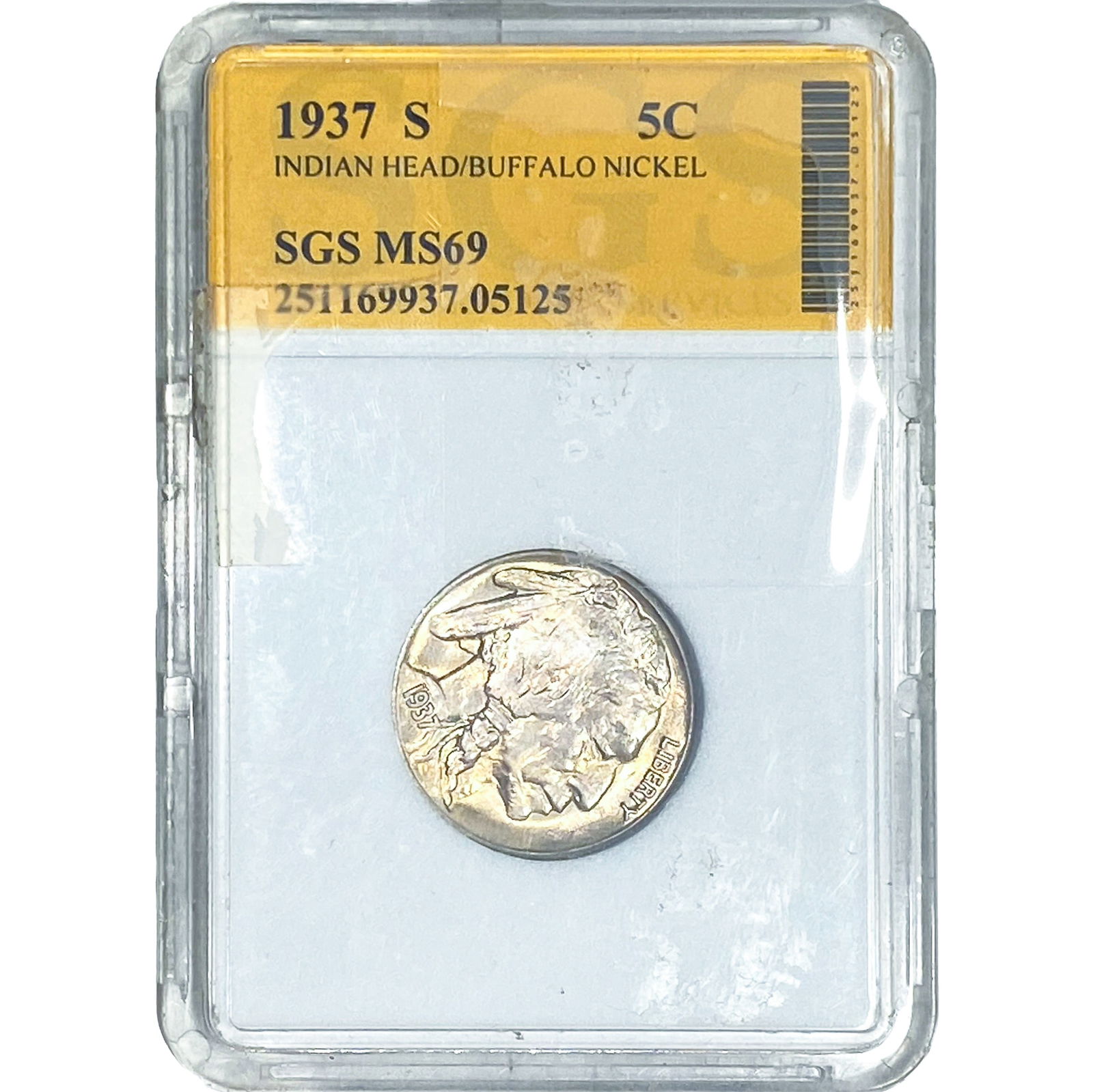 1937-S Buffalo Nickel SGS MS69: 1937-S Buffalo Nickel SGS MS69
