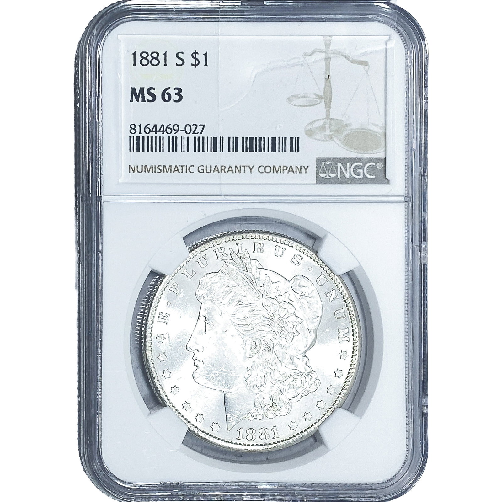 1881-S Morgan Silver Dollar NGC MS63: 1881-S Morgan Silver Dollar NGC MS63