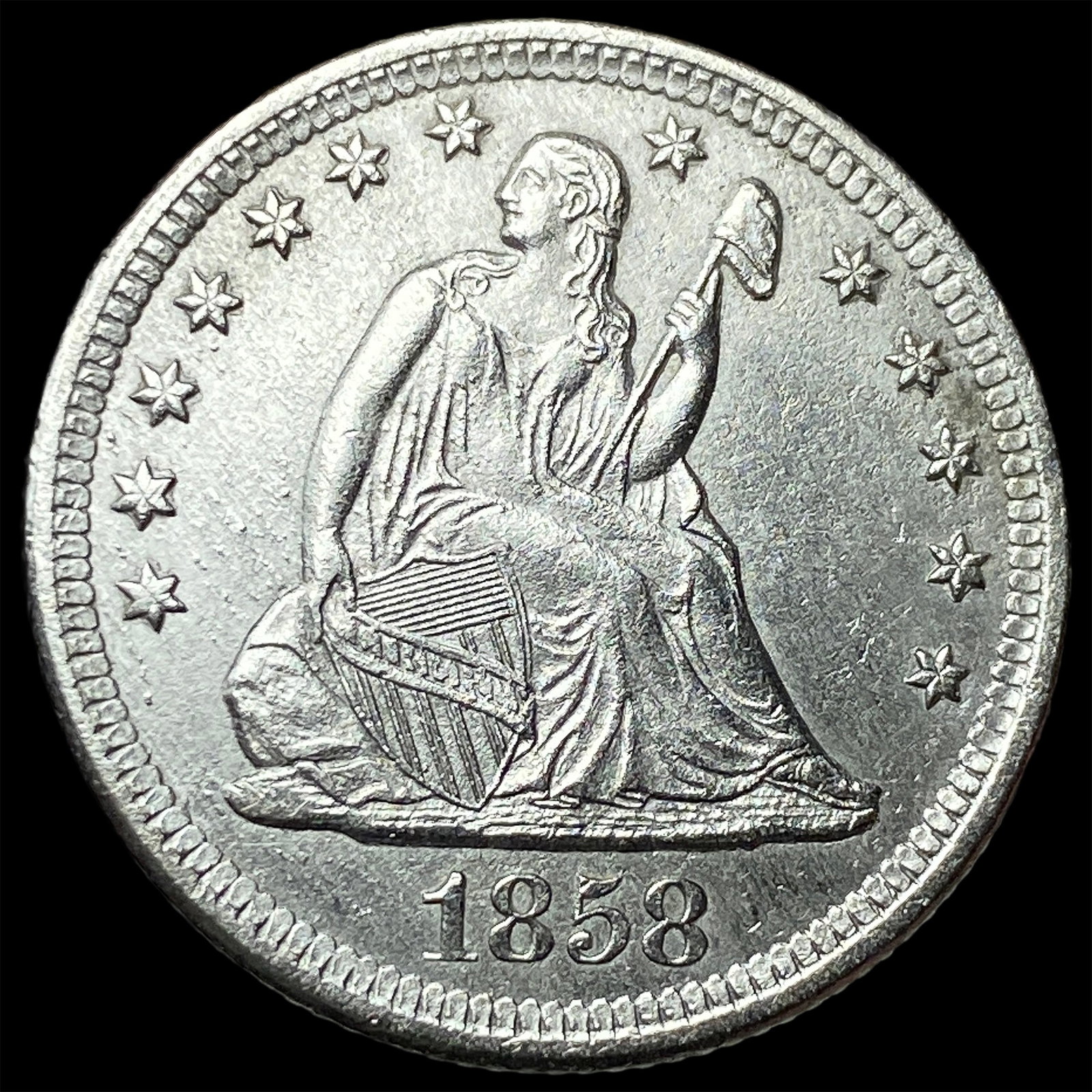 1858-O Silver Seated Liberty Quarter CHOICE AU (1 of 2)