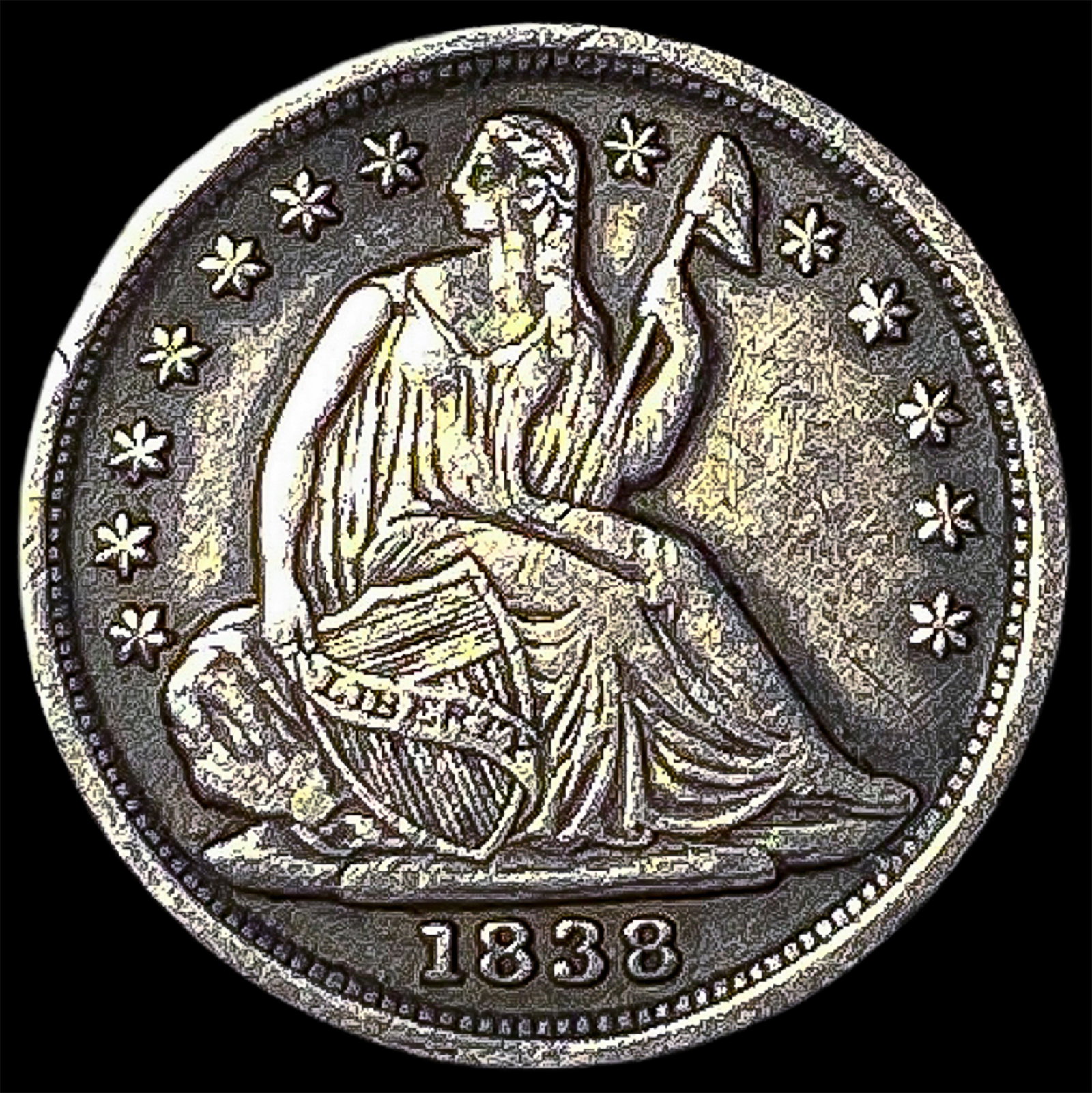 1838 Silver Seated Liberty Half Dime No Drapery NEARLY UNCIRCULATED: 1838 Silver Seated Liberty Half Dime No Drapery NEARLY UNCIRCULATED