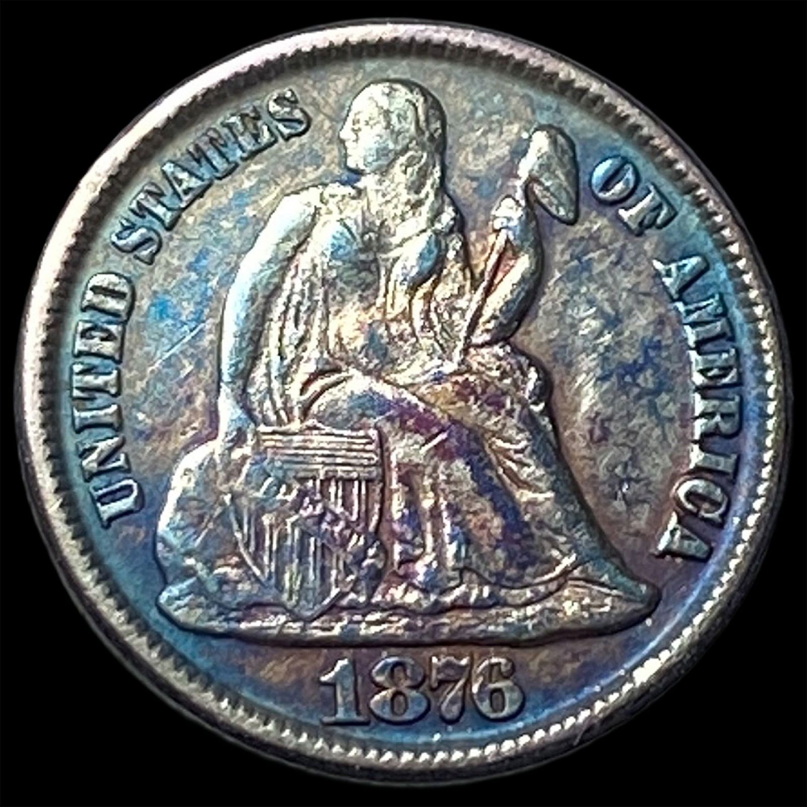 1876-CC Toned Silver Seated Liberty Dime CLOSELY UNCIRCULATED: 1876-CC Toned Silver Seated Liberty Dime CLOSELY UNCIRCULATED