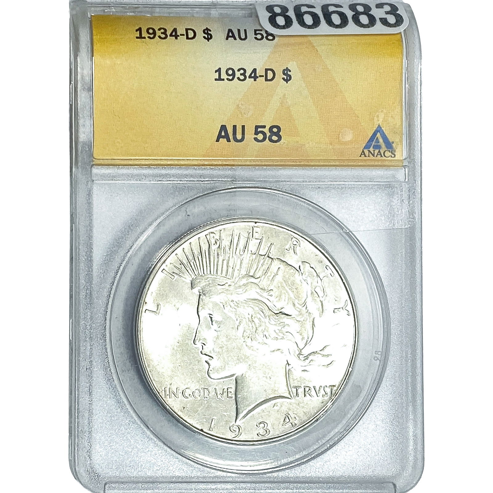 1934-D Silver Peace Dollar ANACS AU58: 1934-D Silver Peace Dollar ANACS AU58