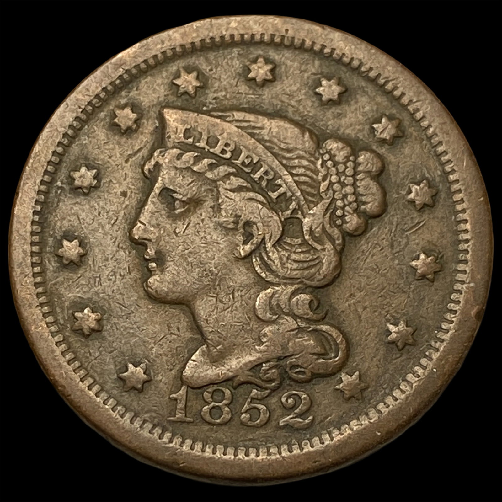 1852 Braided Hair Large Cent LIGHTLY CIRCULATED: 1852 Braided Hair Large Cent LIGHTLY CIRCULATED