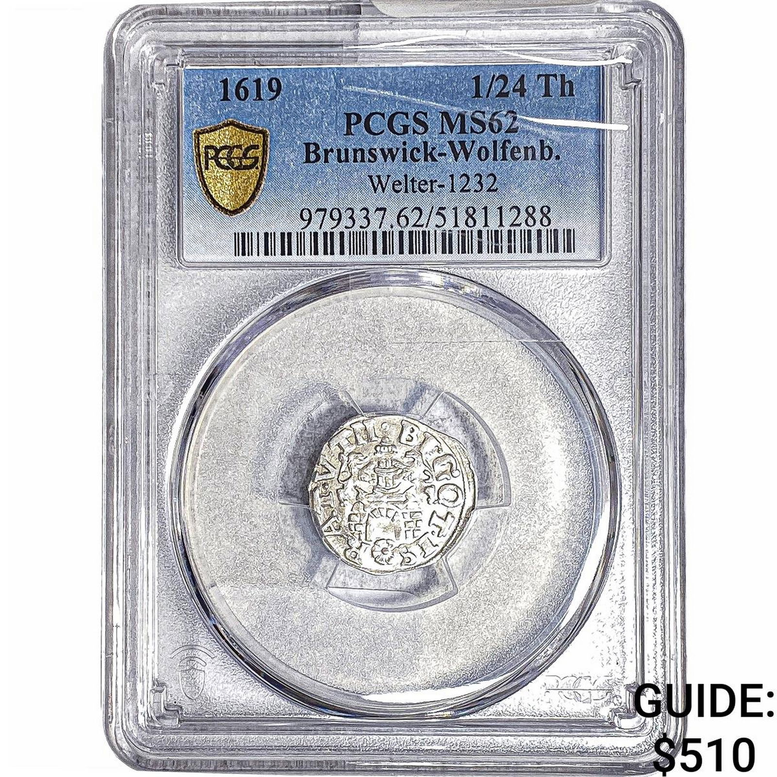 1619 Brunswick-Wolfenburg Silver 1/24th Thaler PCGS MS62: 1619 Brunswick-Wolfenburg Silver 1/24th Thaler PCGS MS62