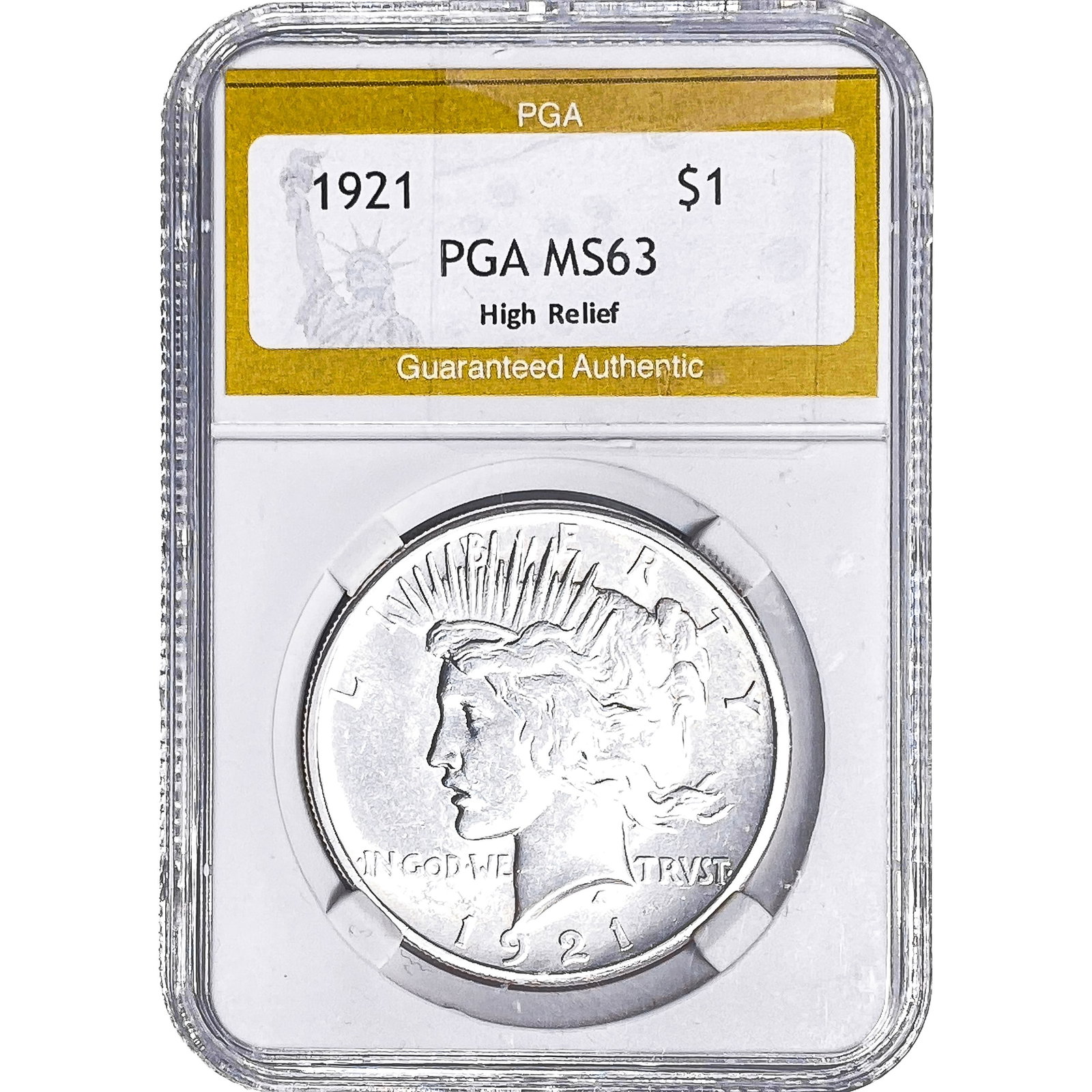1921 Silver Peace Dollar PGA MS63 High Relief: 1921 Silver Peace Dollar PGA MS63 High Relief