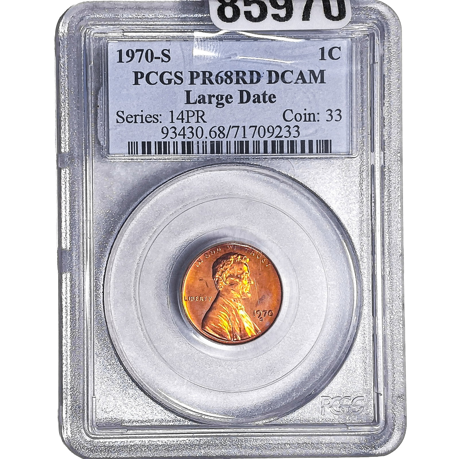 1970-S Lincoln Memorial Cent PCGS PR68 RD DCAM: 1970-S Lincoln Memorial Cent PCGS PR68 RD DCAM