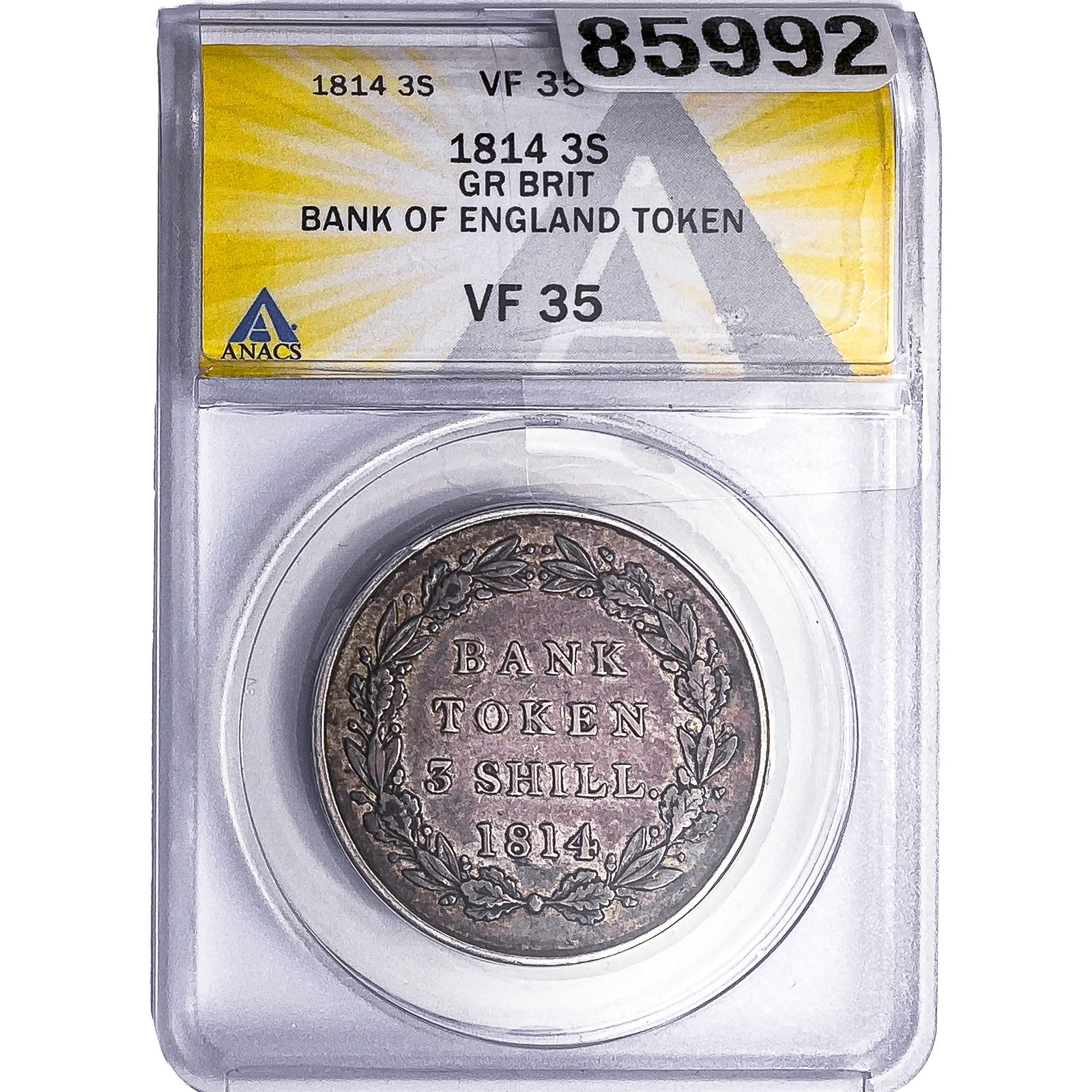 1814 3S GR Brit Bank of England Token ANACS VF35: 1814 3S GR Brit Bank of England Token ANACS VF35