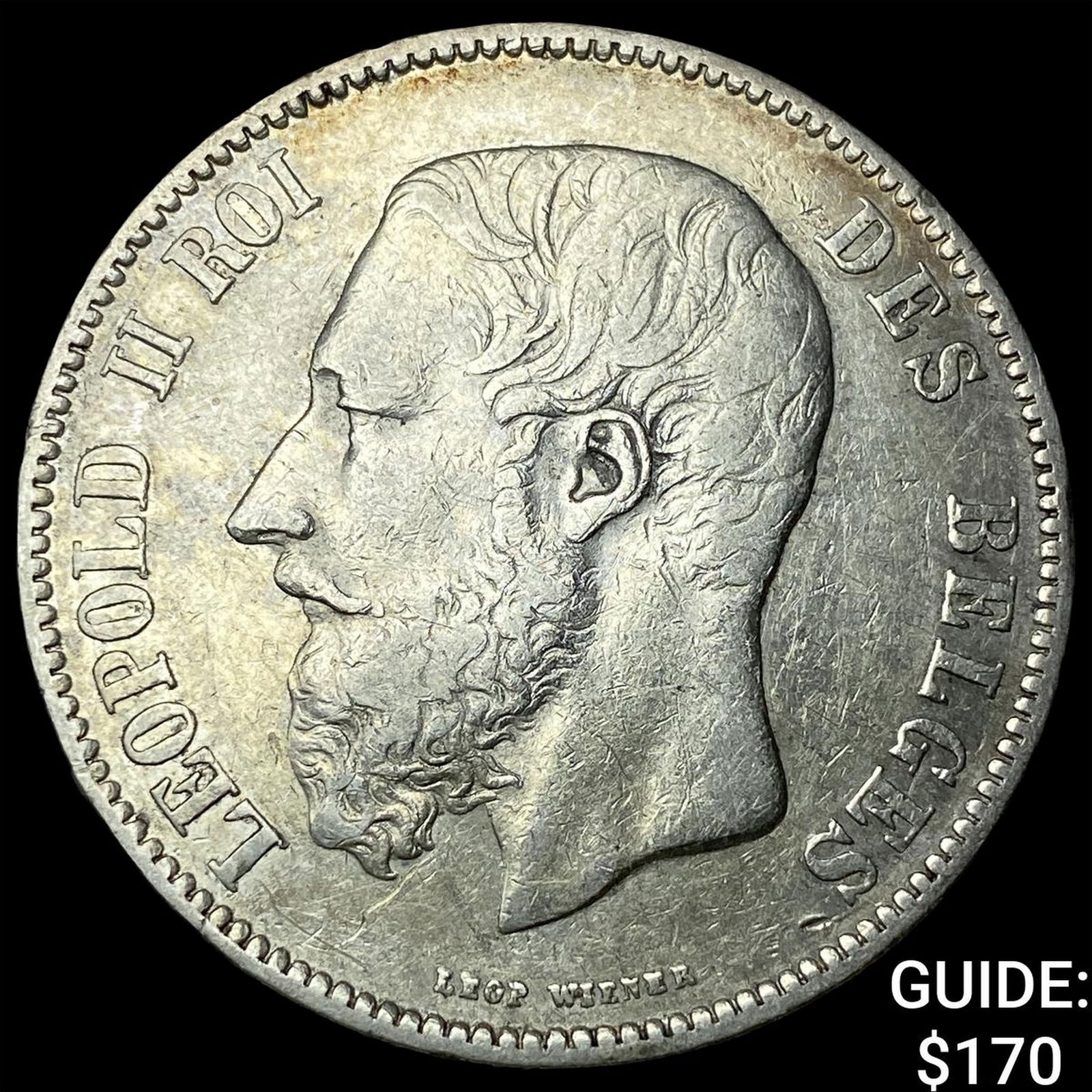1871 Belgium Silver 5 Francs NEARLY UNCIRCULATED (1 of 2)