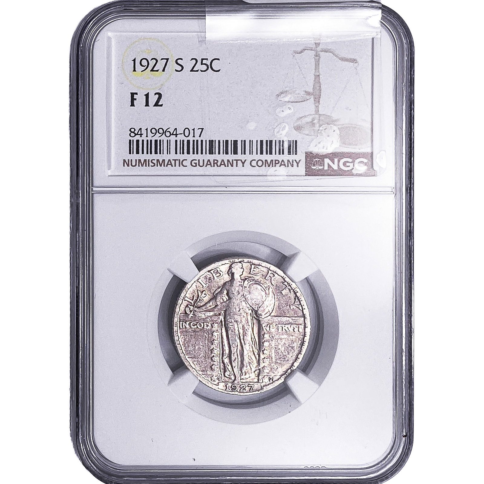 1927-S Standing Liberty Quarter NGC F12: 1927-S Standing Liberty Quarter NGC F12