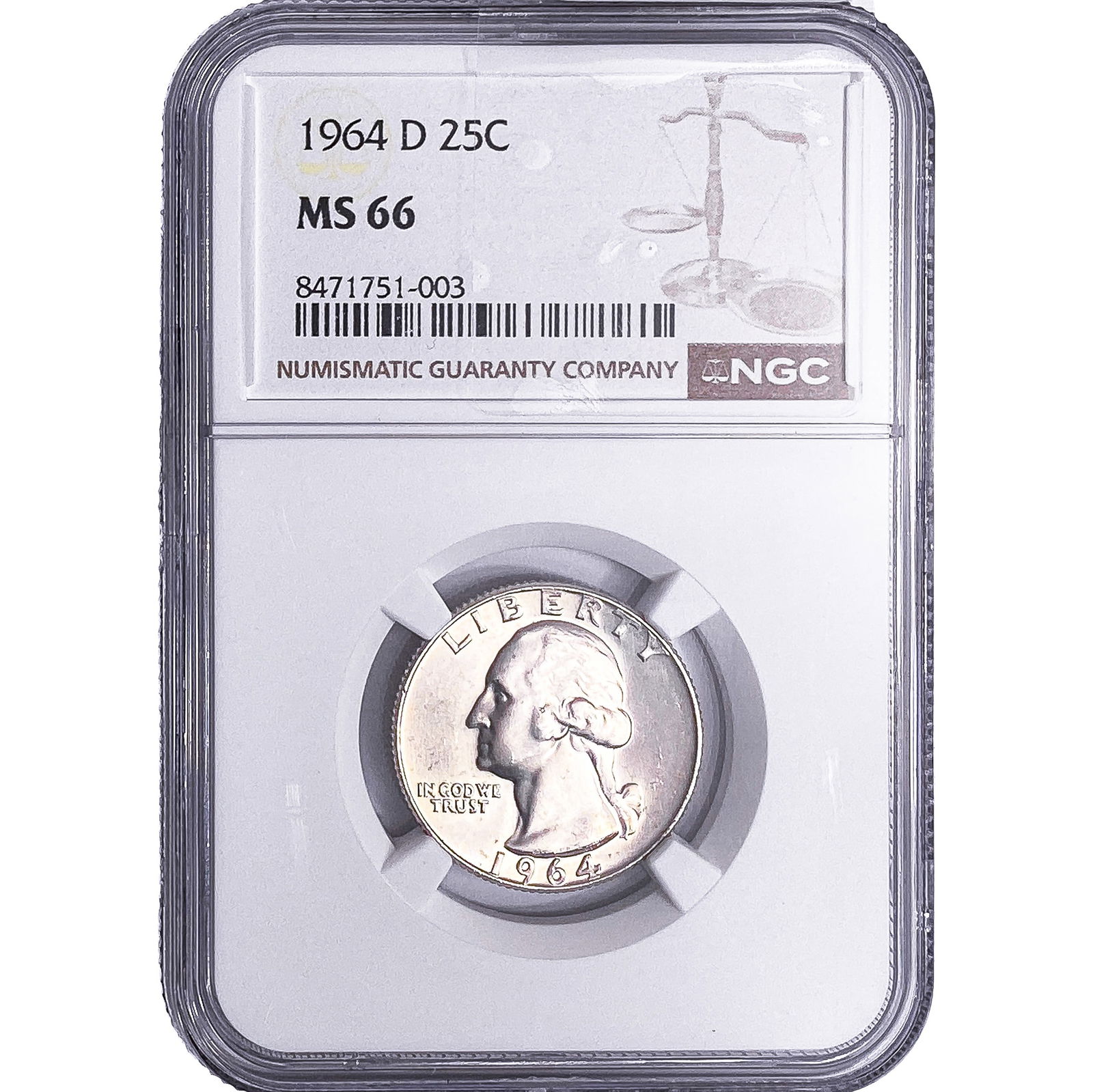 1964-D Washington Silver Quarter NGC MS66: 1964-D Washington Silver Quarter NGC MS66