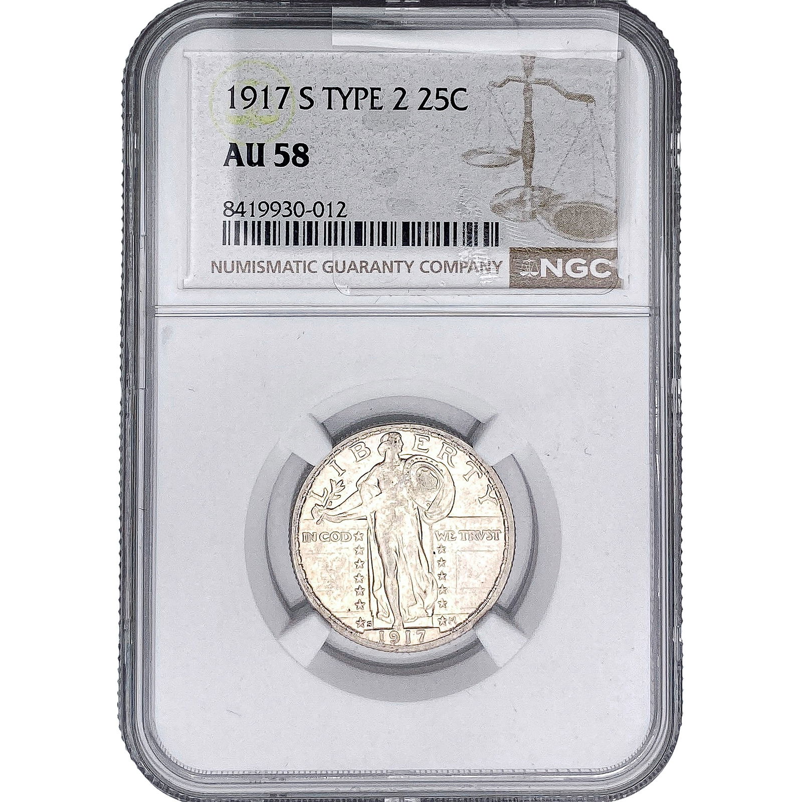 1917-S Standing Liberty Quarter NGC AU580 Type 2: 1917-S Standing Liberty Quarter NGC AU580 Type 2