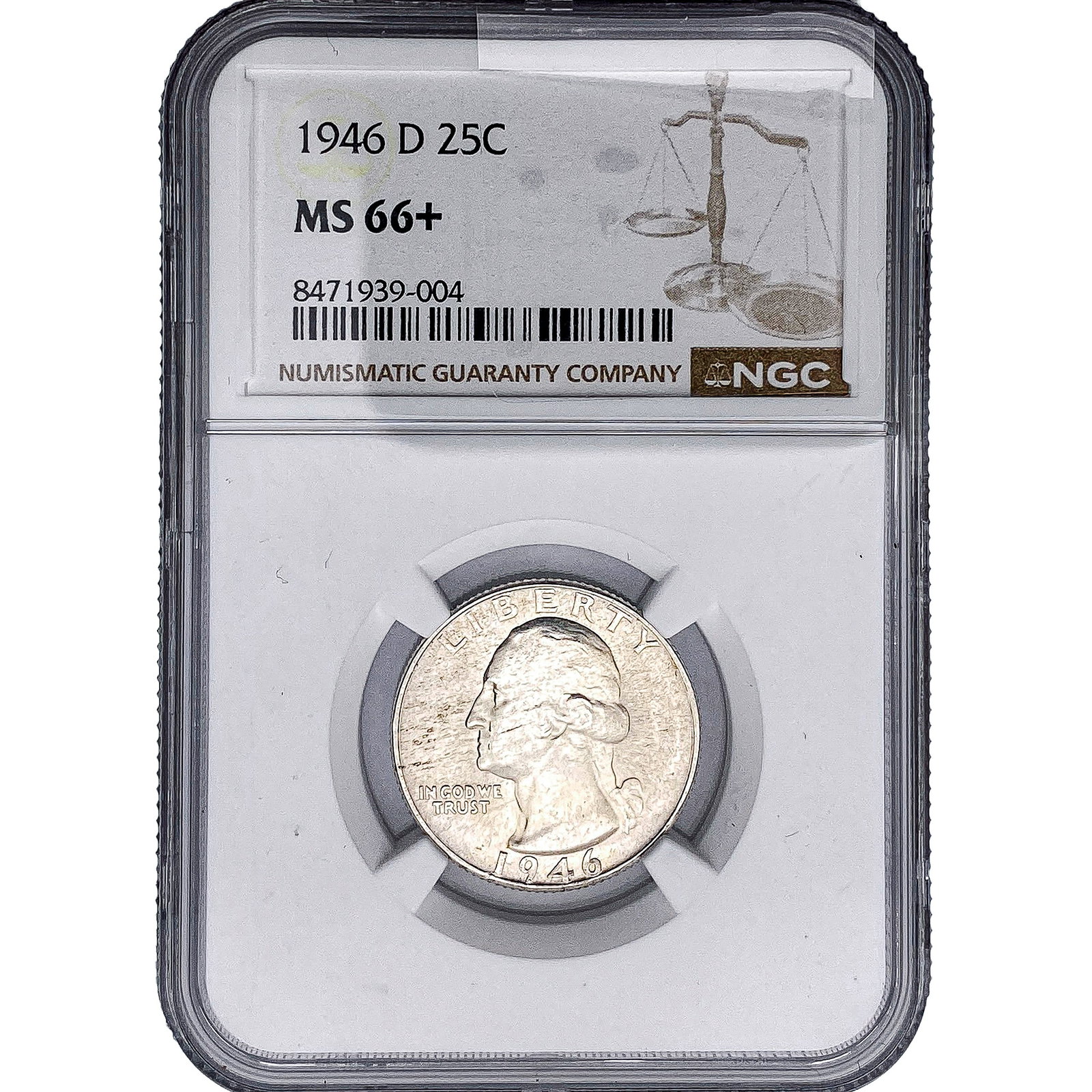 1946-D Washington Silver Quarter NGC MS66+: 1946-D Washington Silver Quarter NGC MS66+