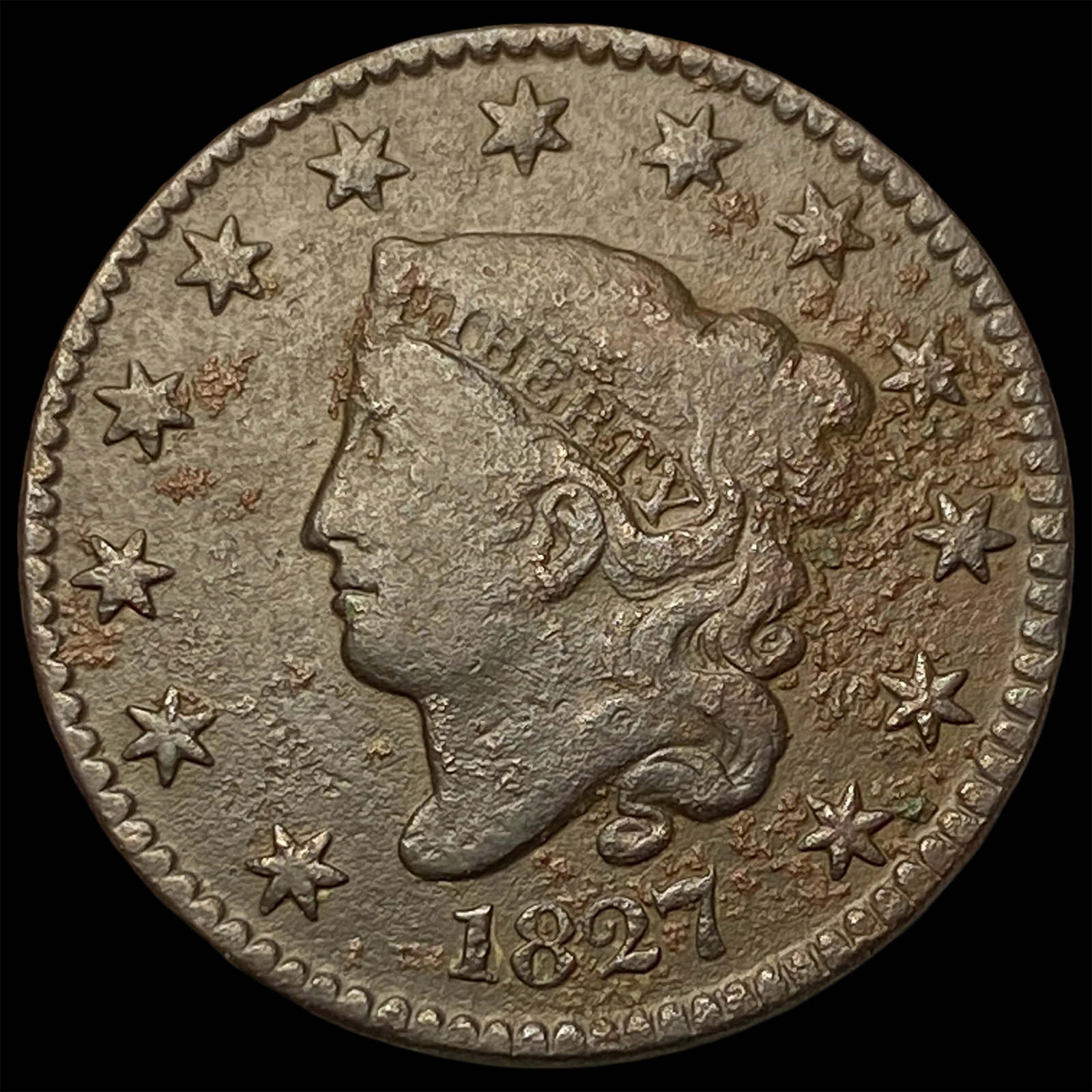 1827 Coronet Head Large Cent ABOUT UNCIRCULATED: 1827 Coronet Head Large Cent ABOUT UNCIRCULATED