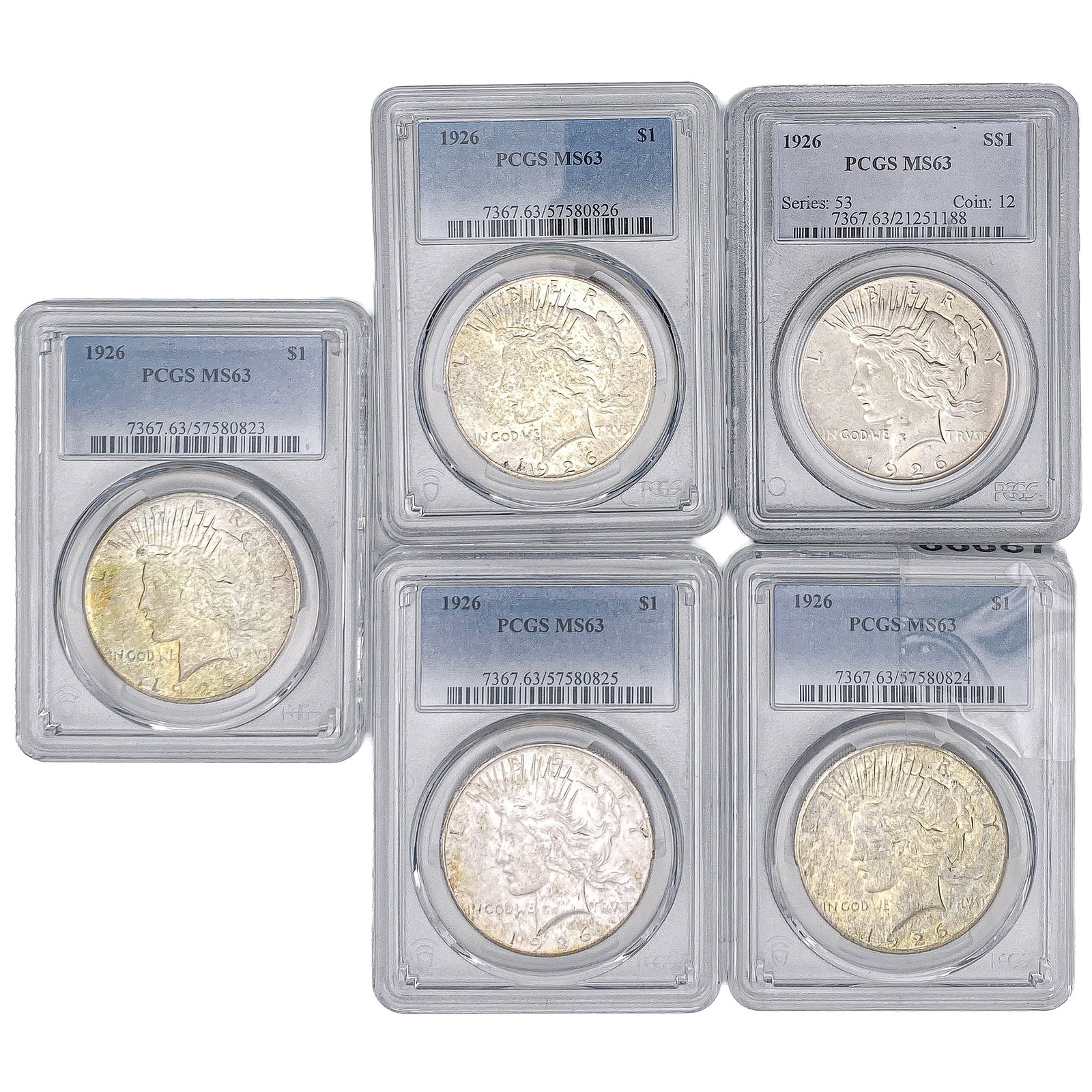 [5 Coins] 1926 Silver Peace Dollar PCGS MS63: [5 Coins] 1926 Silver Peace Dollar PCGS MS63