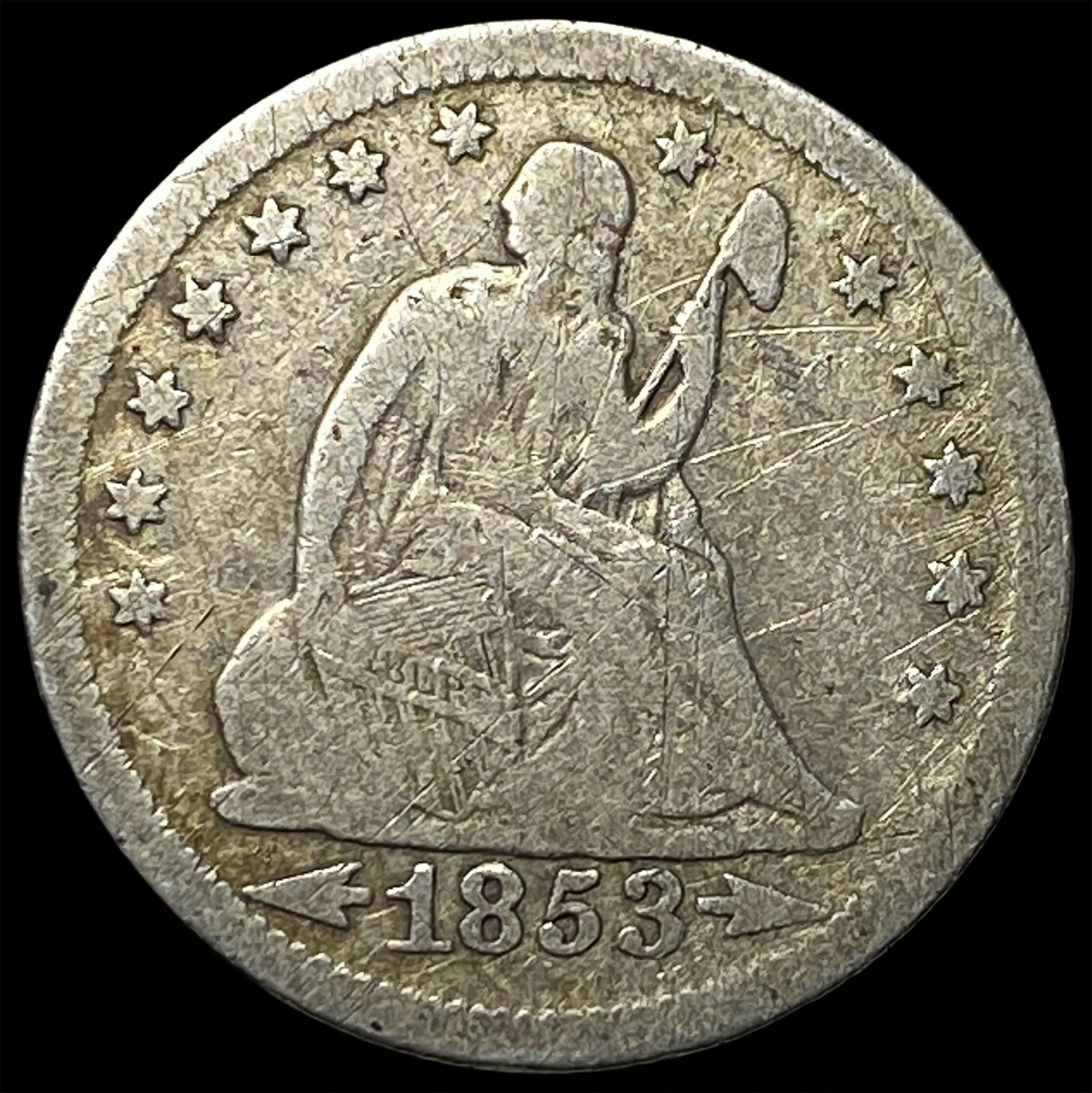1853 Arrows/Rays Seated Liberty Quarter LIGHTLY CIRCULATED (1 of 2)