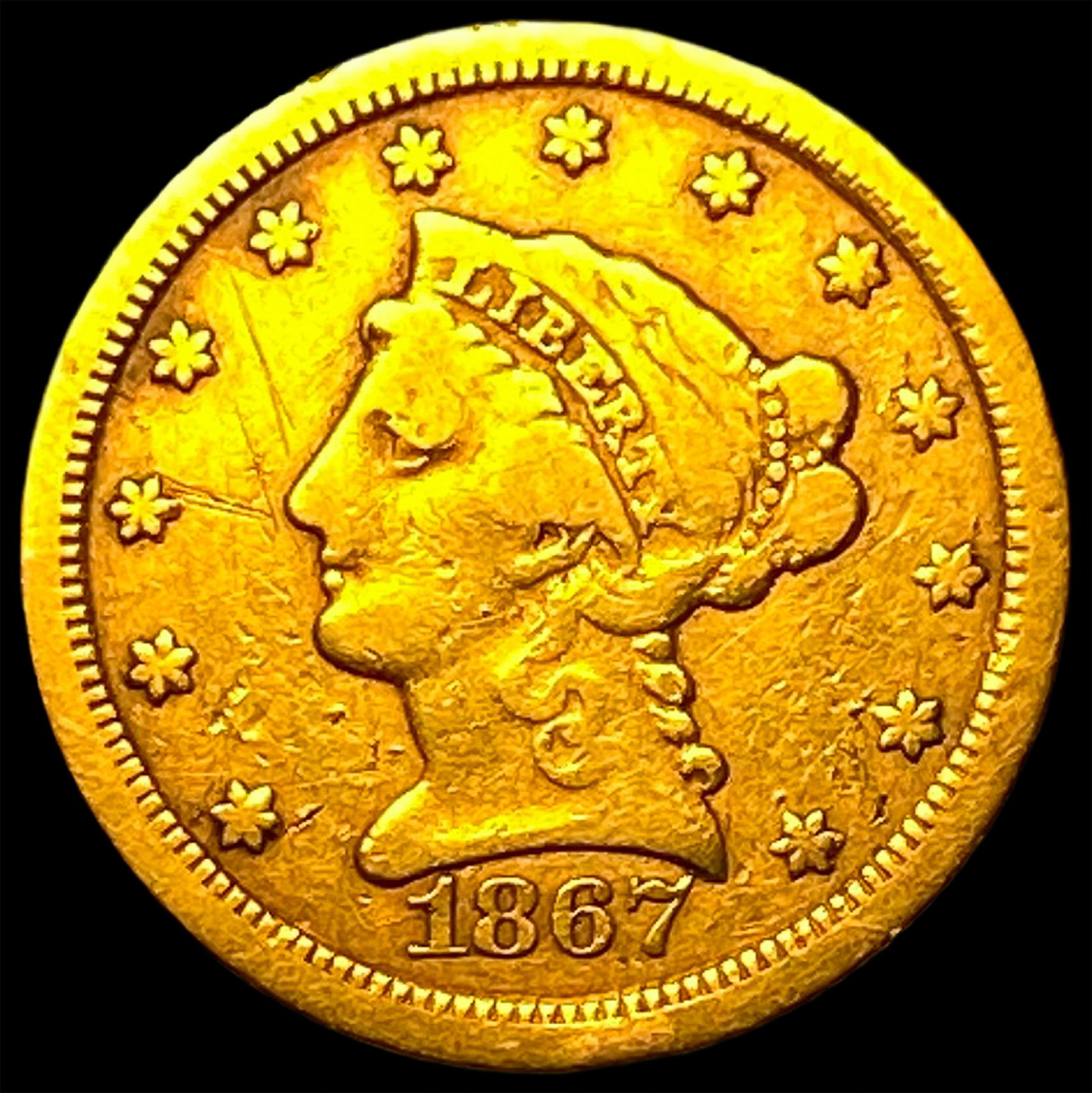 1867-S Gold $2.50 Liberty Head Quarter Eagle LIGHTLY CIRCULATED (1 of 2)