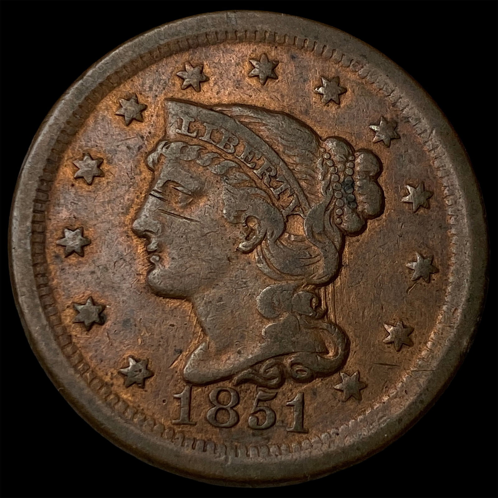 1851 Braided Hair Large Cent NEARLY UNCIRCULATED (1 of 2)